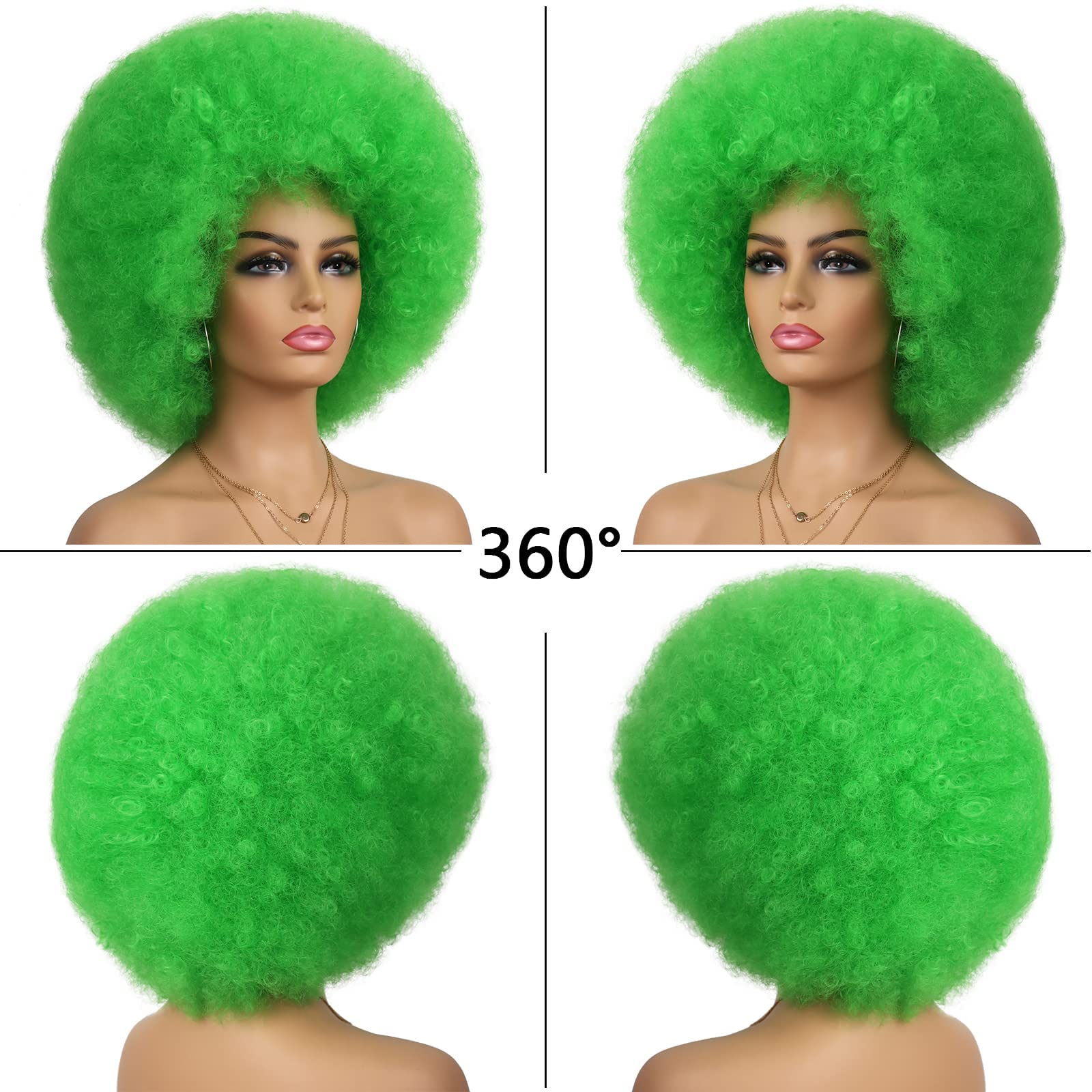 70s Afro Green Wigs for Women - Glueless Heat Resistant Short Kinky Curly Wigs - Perfect for St. Patrick's Day Parties, Cosplay, Disco & Costume Events - Fun Bouncy Wear-and-Go Wig for Halloween & Themed Parties