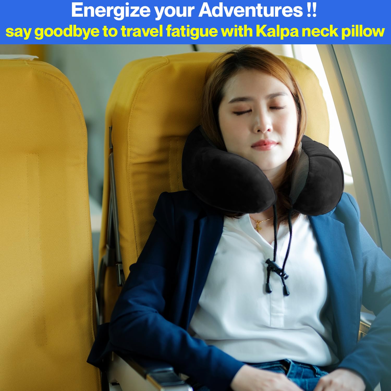 **Kalpa Living Deluxe Memory Foam Travel Neck Pillow - Ultra Comfortable Head & Neck Support for Airplane, Car & Office - 4-in-1 Travel Pillow Set with Carabiner (Stylish Black) - Perfect for Long Flights, Road Trips & Work Breaks**