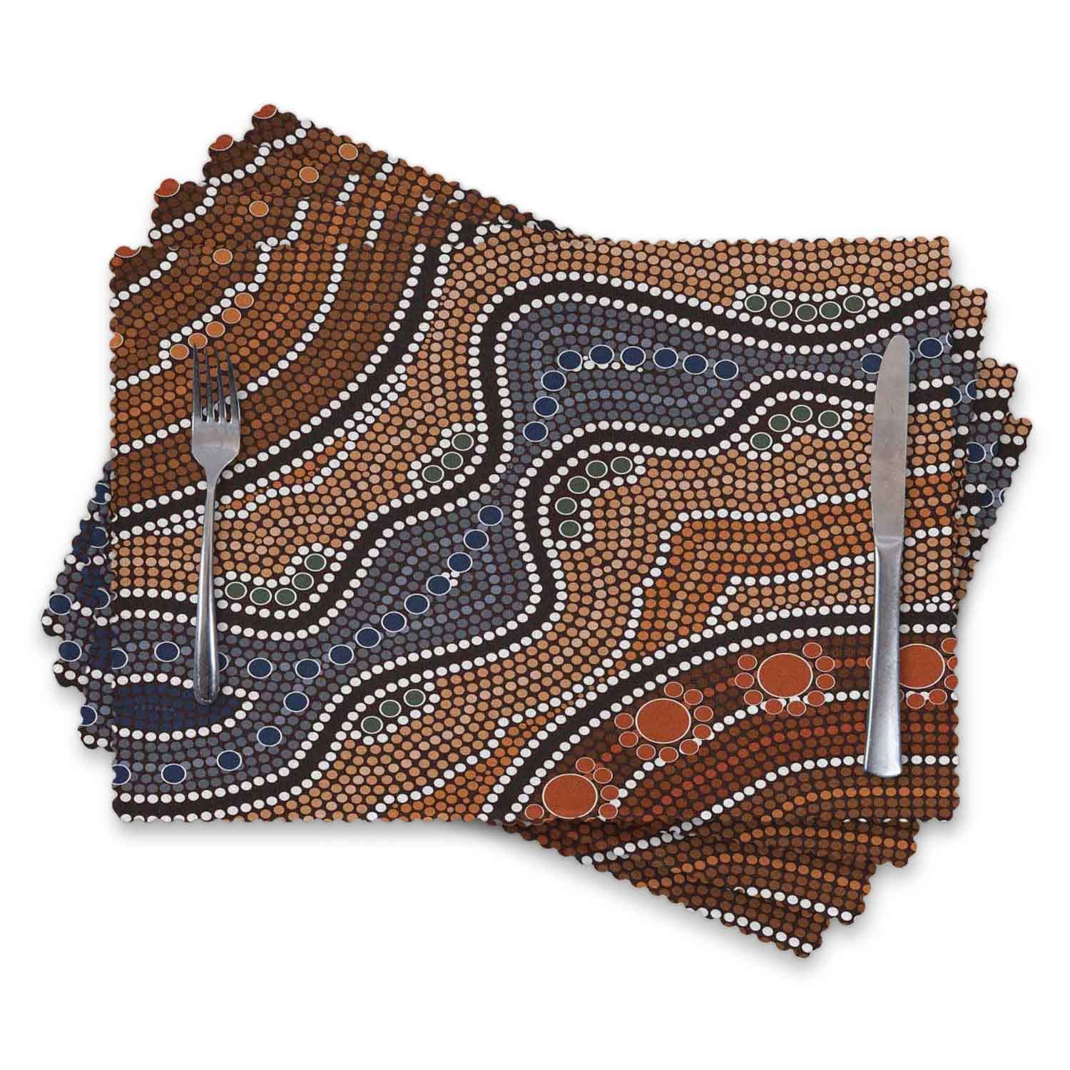 Premium Heat-Resistant & Stain-Proof Placemats Set of 4 - Washable Cloth Table Mats with Aboriginal Culture Inspired Australian Nature Abstract Art in Orange/Brown - Perfect for Dining Tables, Kitchen Countertops & Outdoor Picnics