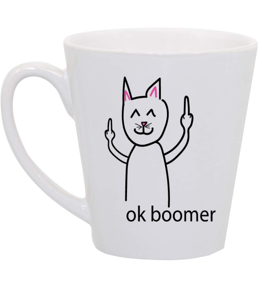 Funny 'OK Boomer' Middle Finger Cat Design 12oz Ceramic Coffee Mug & Tea Cup by M&R - Perfect for Office, Home Use & Gift Giving