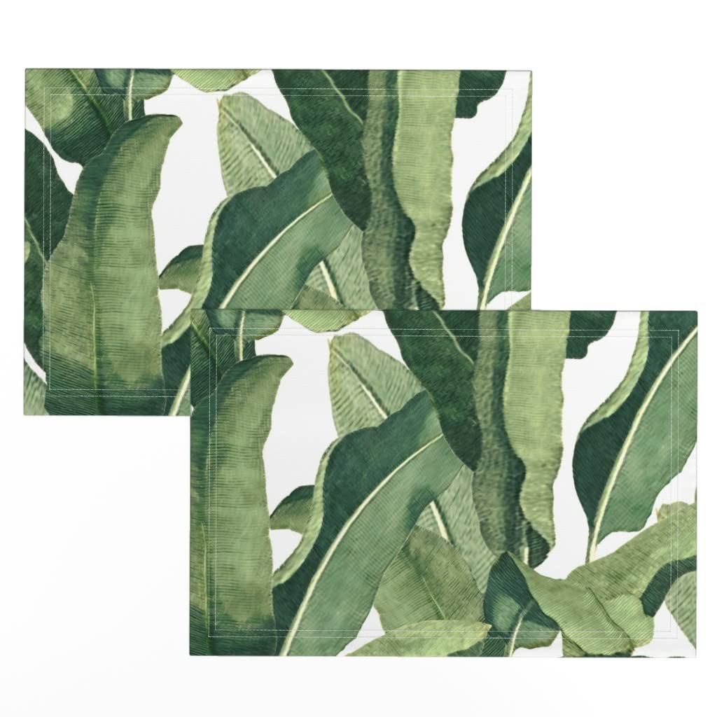 Premium Linen Cotton Canvas Placemats Set of 2 - Tropical Banana Leaf Exotic Print Table Mats for Dining, Kitchen Decor, and Party Table Setting