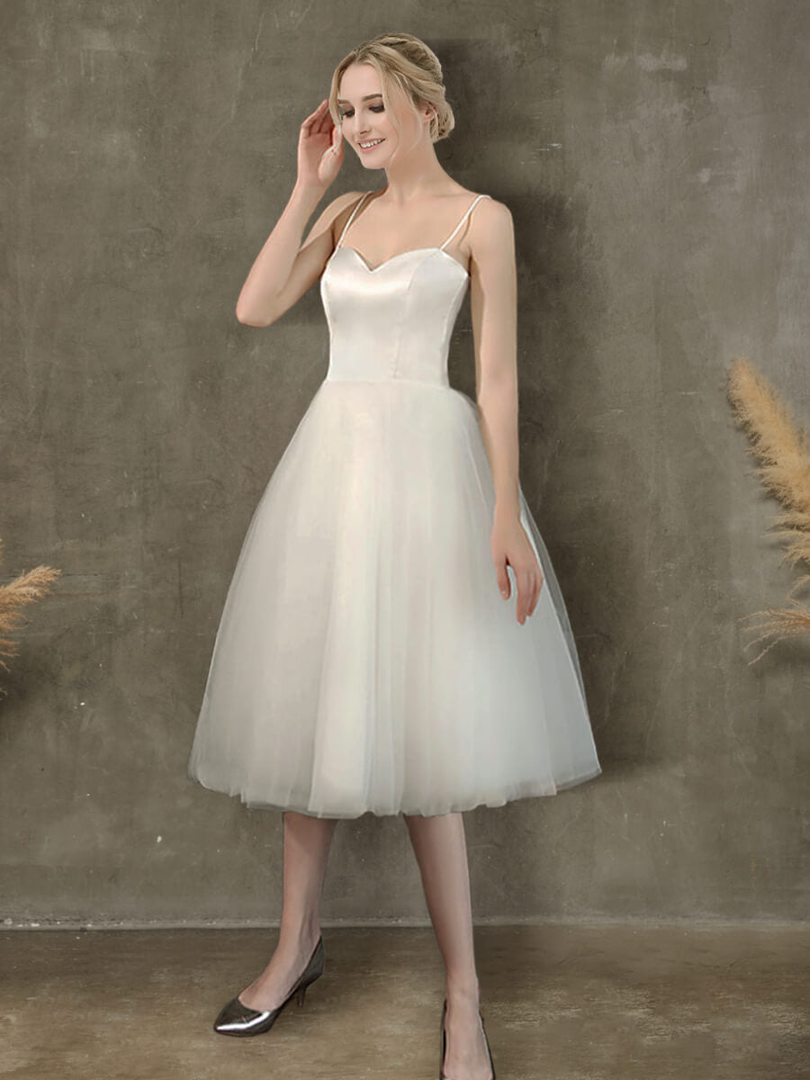 Elegant A-Line Ballet Spaghetti Straps Sweetheart Satin Tulle Short Wedding Dress for Bride, Bridesmaid, or Prom - Perfect for Beach Weddings, Vow Renewals & Romantic Photo Shoots