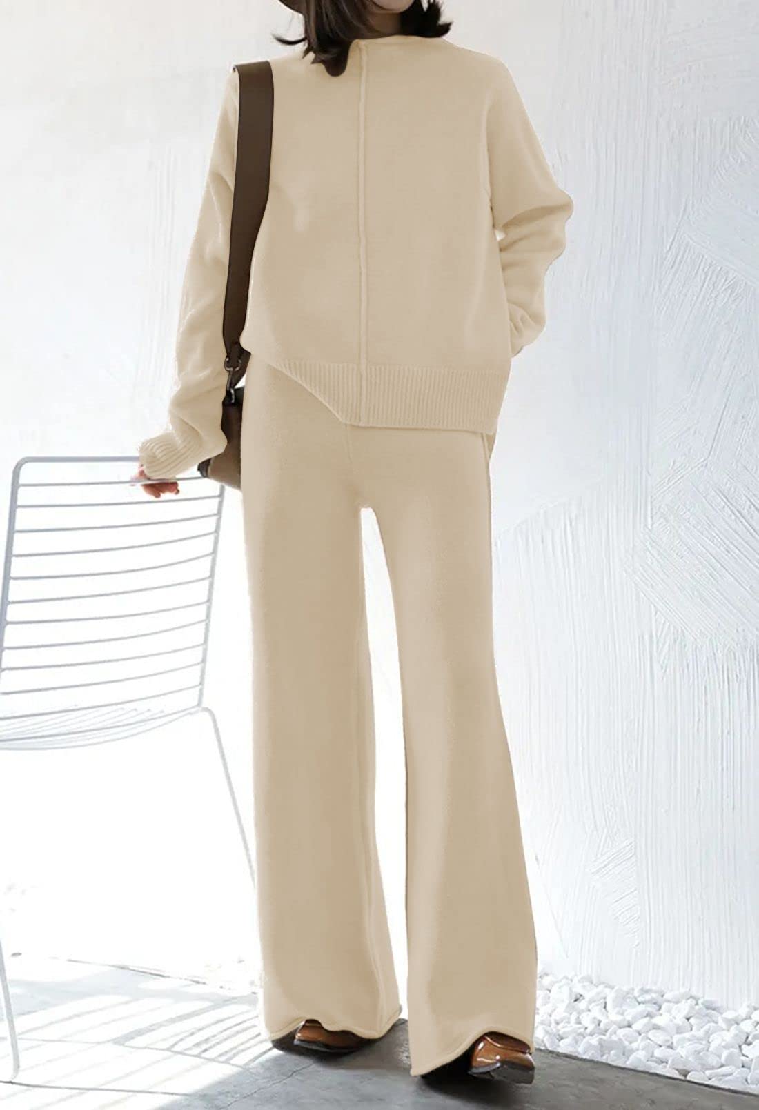 Fixmatti Women's Knit Sweatsuit Set - Turtleneck Sweater Top & Wide Leg Pants 2-Piece Outfit | Cozy Winter Loungewear for Home, Office & Casual Outings