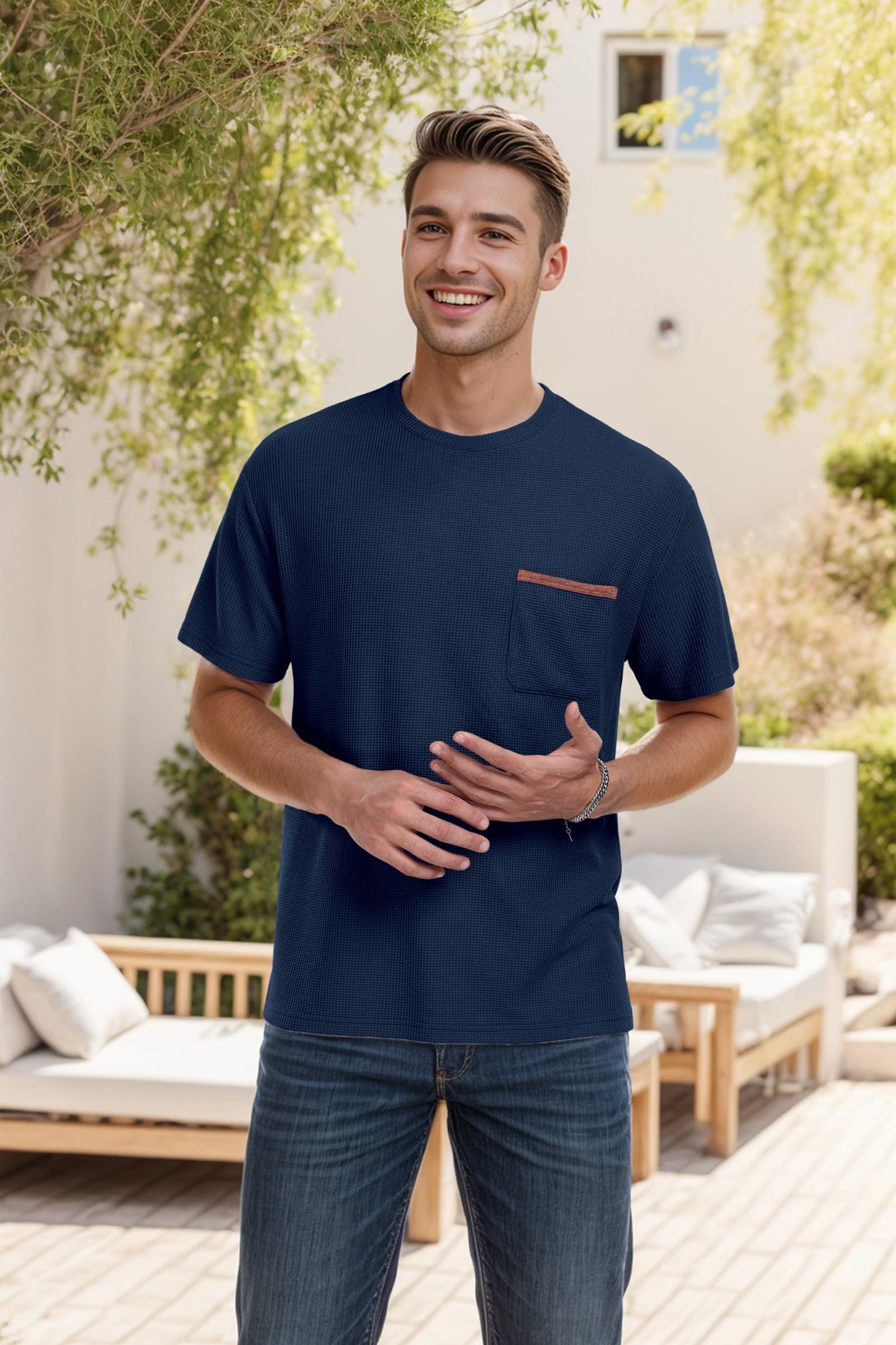 Men's Casual Short Sleeve Crew Neck T-Shirt - Soft Summer Tee with Waffle Texture & Pocket - Perfect for Beach, Travel & Everyday Wear