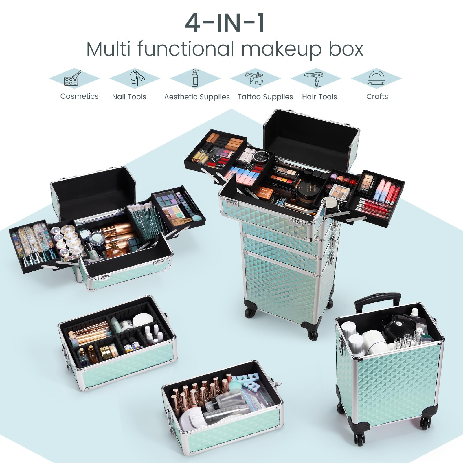 4-in-1 Rolling Makeup Case with Wheels - Professional Cosmetic Trolley & Cosmetology Cart for Makeup Artists, Hairstylists, Nail Techs & Salons - Large Capacity Turquoise Beauty Organizer - Perfect for Mobile Makeup Services, Salon Storage & Travel Cosmetics Organization
