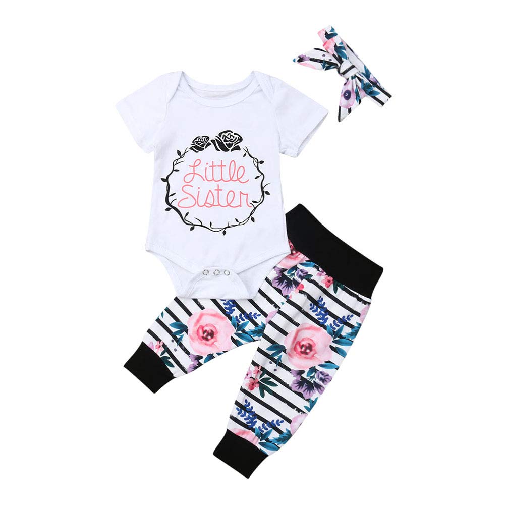Newborn Baby Girl Clothes Set - Little Sister Big Sister Bodysuit Romper + Floral Striped Pants + Headband Outfit | Cute Toddler Outfits for Photoshoot, Birthday Party & Family Gathering