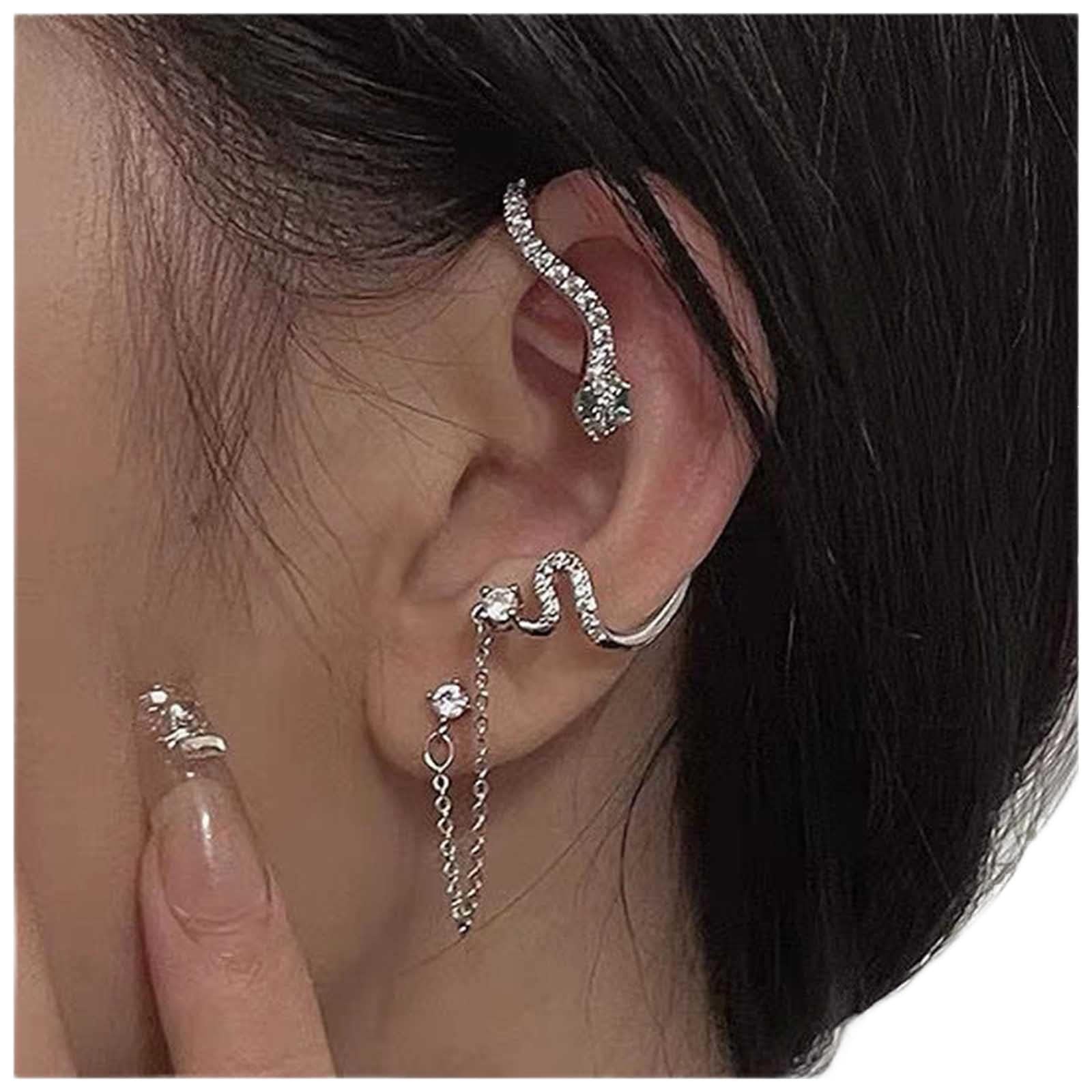 Vintage Crystal Snake Cuff Wrap Earrings - Silver Emerald Serpent Dangle Chain Punk Gothic Jewelry for Women | Cartilage Climber Crawler Earrings for Parties, Halloween, Cosplay & Gothic Fashion