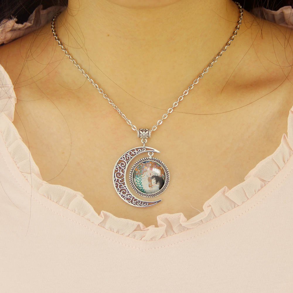 Gustav Klimt Moon Pendant Necklace for Women - Elegant Mother's Day Gift, Fashion Jewelry for Daily Wear & Special Occasions