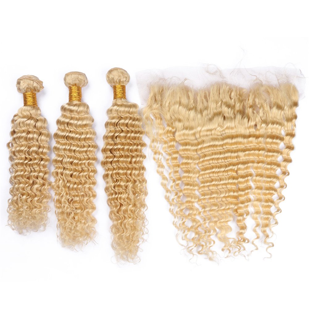 Brazilian Human Hair Frontal Closure 13x4 with 3 Bundles - 613 Blonde Hair Extensions Mixed Length (16-24 Inch) for Sew-in Weave & Natural Hairstyles