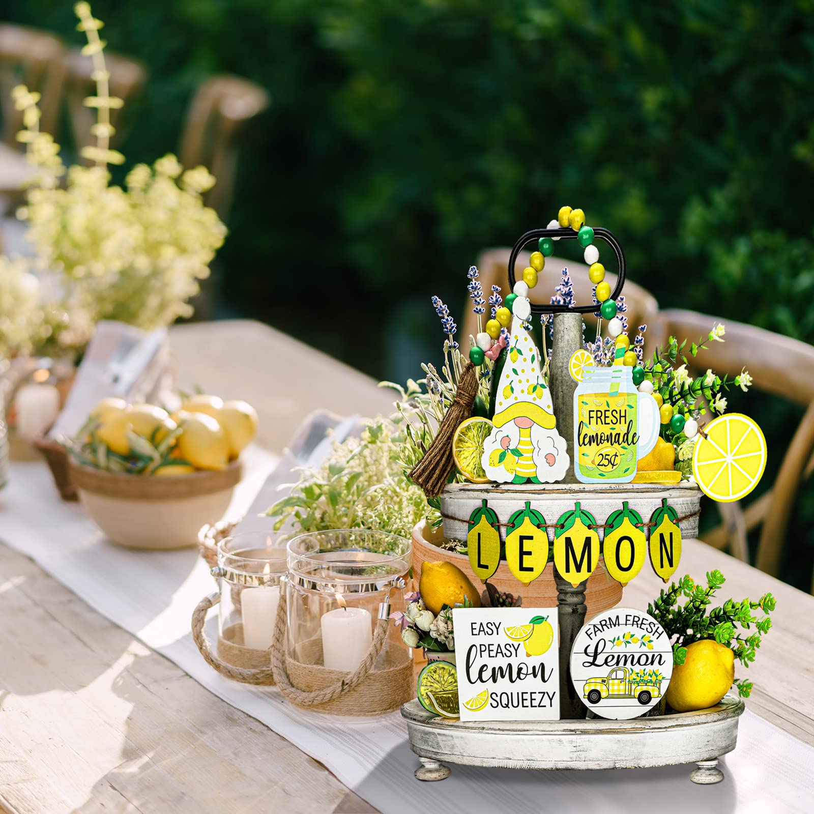 10 Pcs Summer Farmhouse Wood Tiered Tray Decor Set - Lemon Watermelon Strawberry Sunflower Kitchen Standing Sign with Bead Garland Banner for Home, Party, Wedding & Seasonal Decor (Lemon Theme) - Perfect for Kitchen Counter, Dining Table, Mantel & Entryway Display