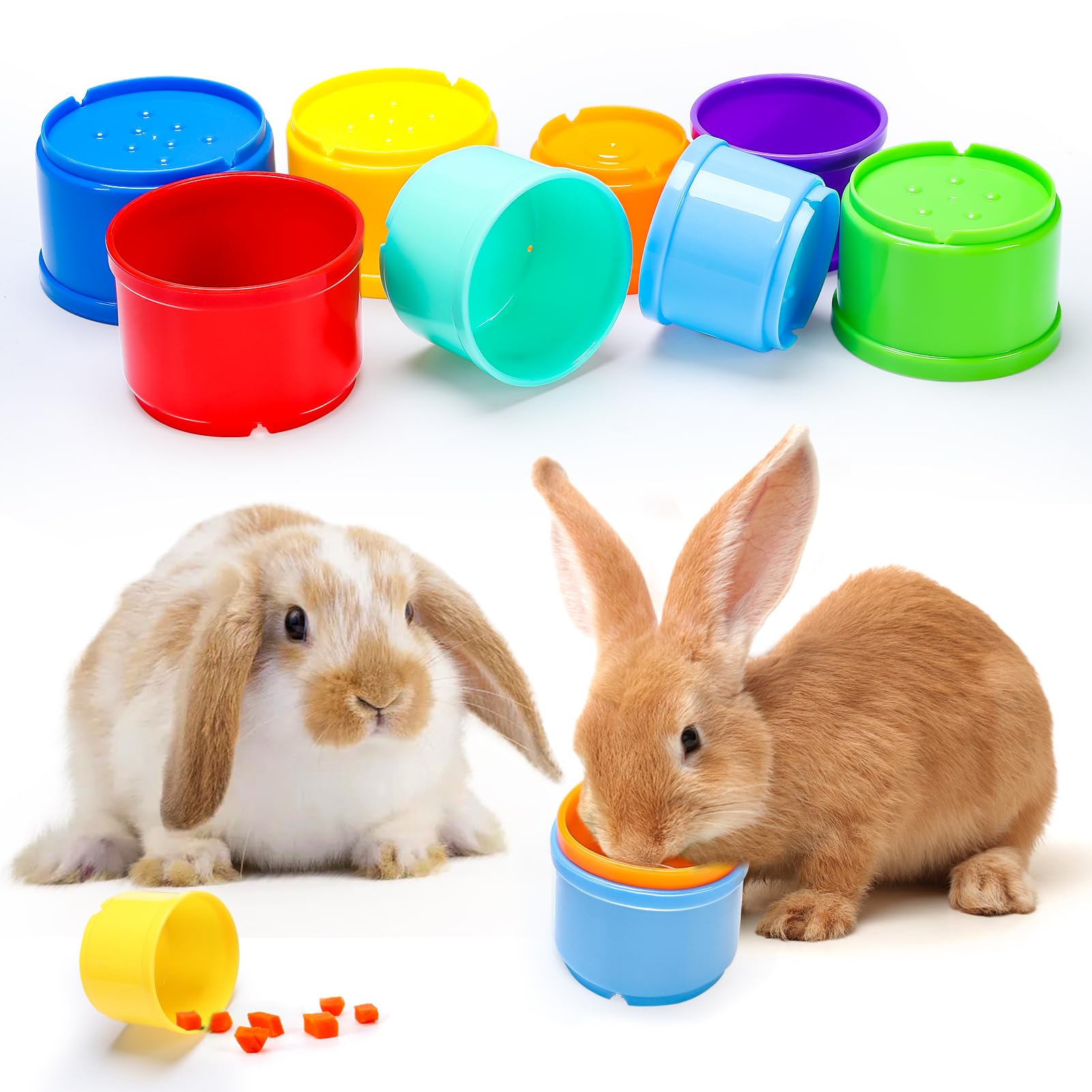 MEWTOGO 8 Pcs Rabbit Stacking Cups - Safe Reusable Bunny Toys in Rainbow Colors, Durable Nesting Cups for Small Animals (Hamsters, Guinea Pigs, Chinchillas) - Perfect for Food Hiding, Foraging & Playtime Activities