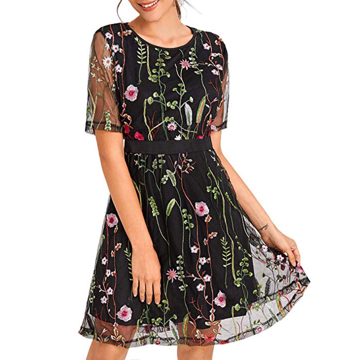 Floral Embroidery Women's Dress - Sheer Mesh Short Sleeve Round Neck Casual Party Dress for Evening Outings, Date Nights & Summer Events