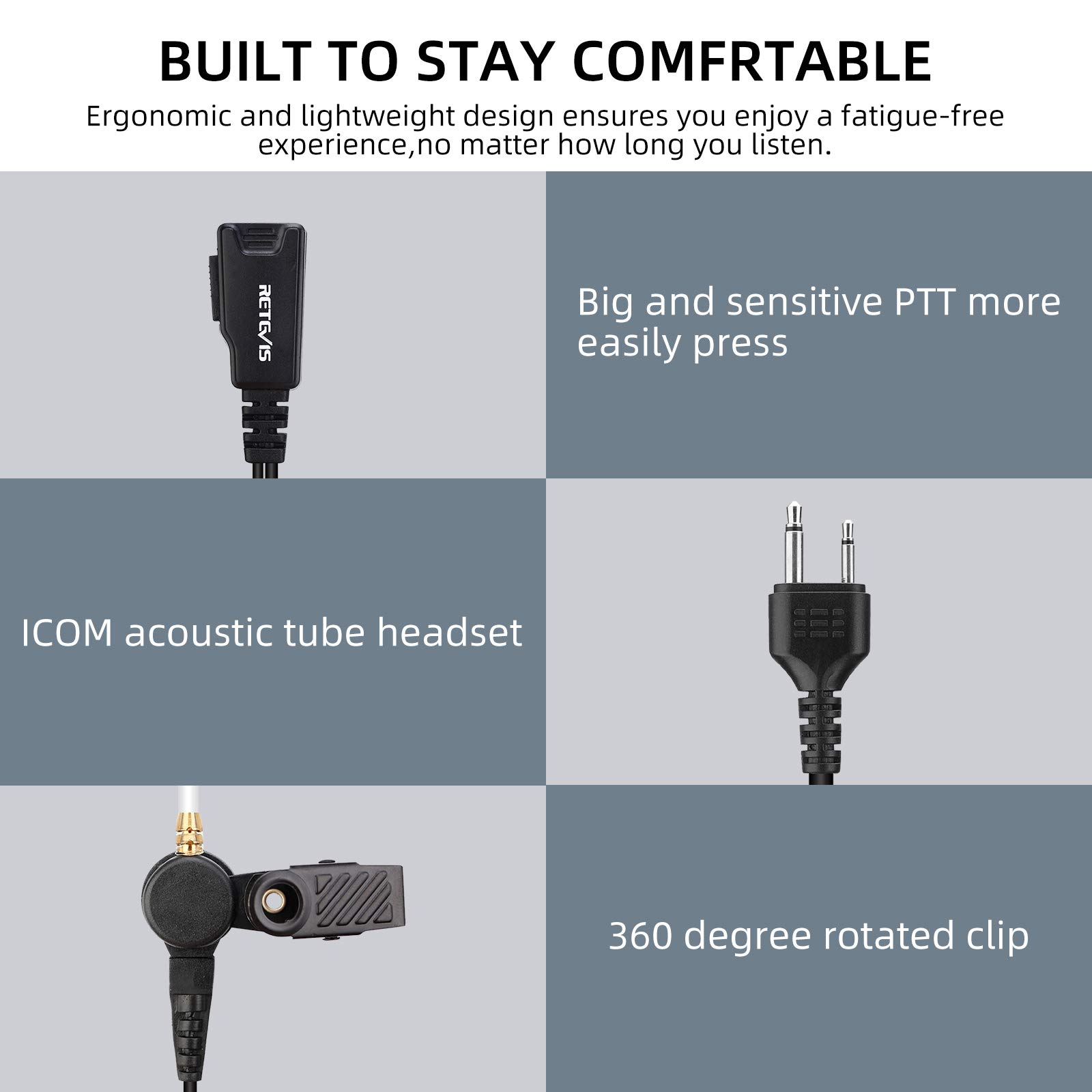 Retevis Walkie Talkie Headset with Coil Cord - Compatible with ICOM IC-F3 IC-F4S IC-F4TR - Covert Acoustic Tube Earpiece Headset with PTT Mic for Two Way Radio (1 Pack) - Perfect for Security, Construction & Outdoor Adventures