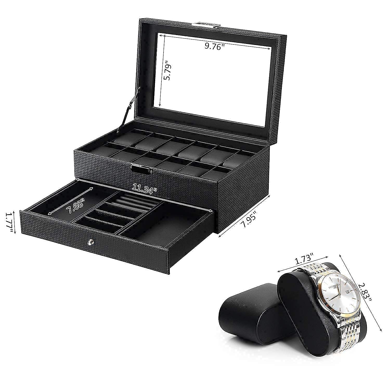 BEWISHOME Carbon Fiber Watch Box Organizer & Valet Tray - Men's Dresser and Nightstand Storage Case - Perfect for Watch Collection, Jewelry, and Small Essentials Organization at Home or Office