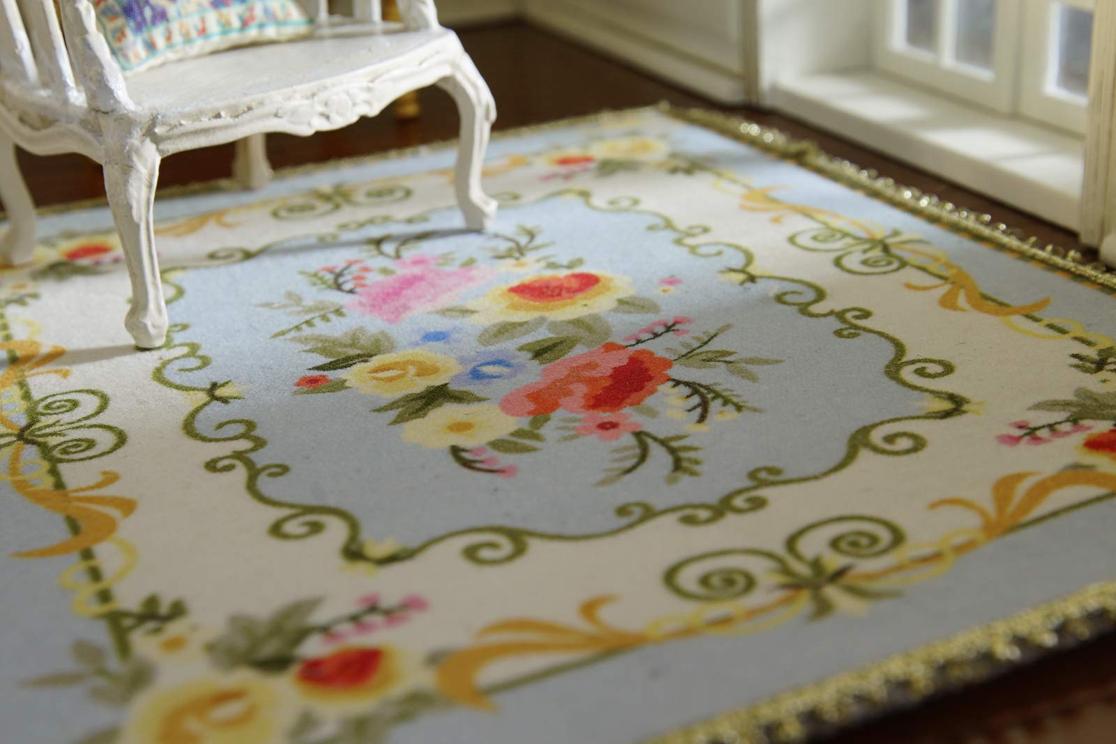 1/12 Scale Miniature Dollhouse Rug - Beautiful Aubusson Design with Scrolls & Flowers, 5.70 x 7.08 Inches - Perfect for Victorian Dollhouses, DIY Miniature Scenes & Collectors
