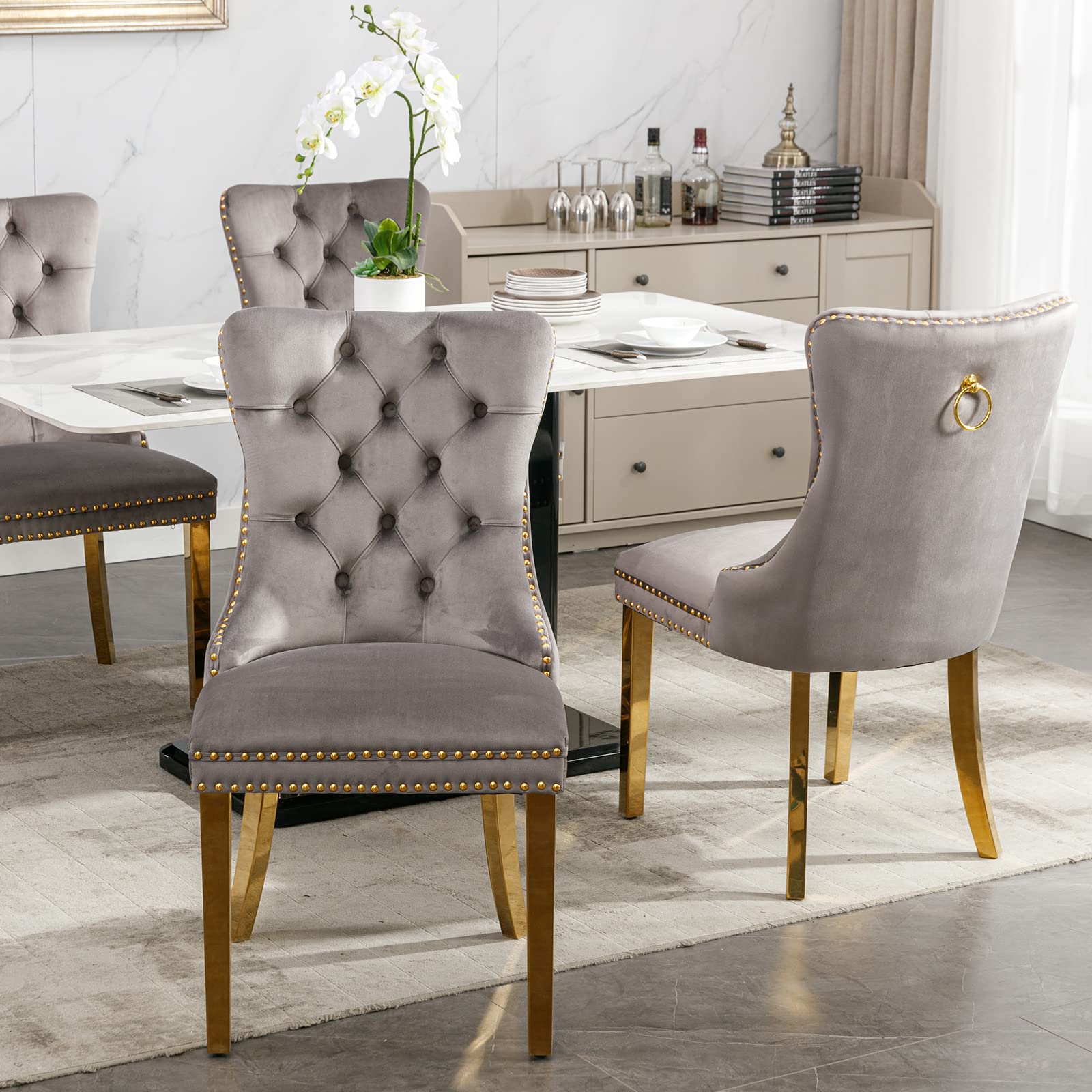 Luxury Velvet Dining Chairs Set of 2 - Tufted Upholstered Kitchen & Dining Room Chairs with Golden Metal Legs (Gray) - Perfect for Modern Home, Restaurant, and Office Decor