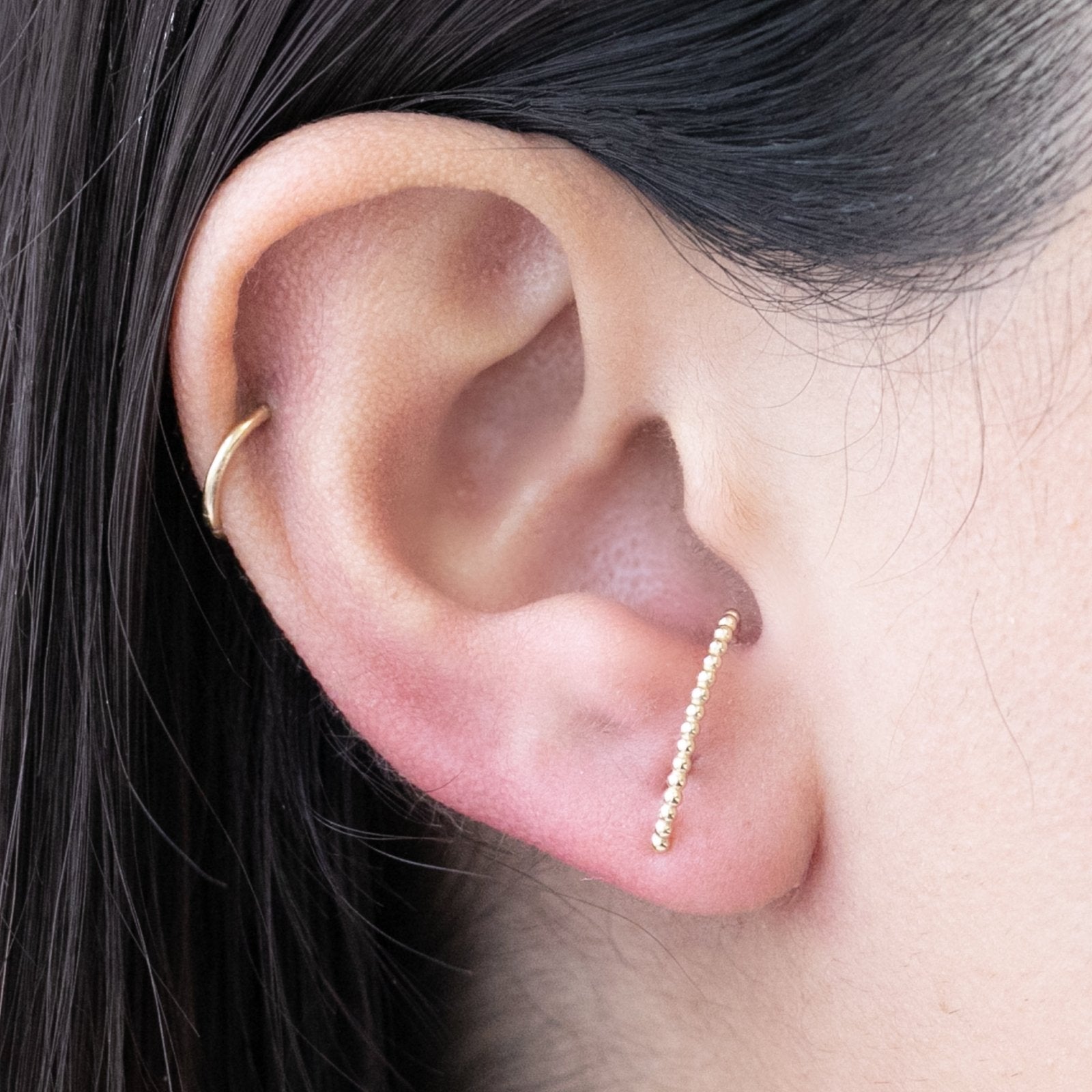 14K Yellow Gold Beaded Ear Climber Stud - Elegant Dangle Earrings for Women, Perfect for Weddings, Parties & Special Occasions