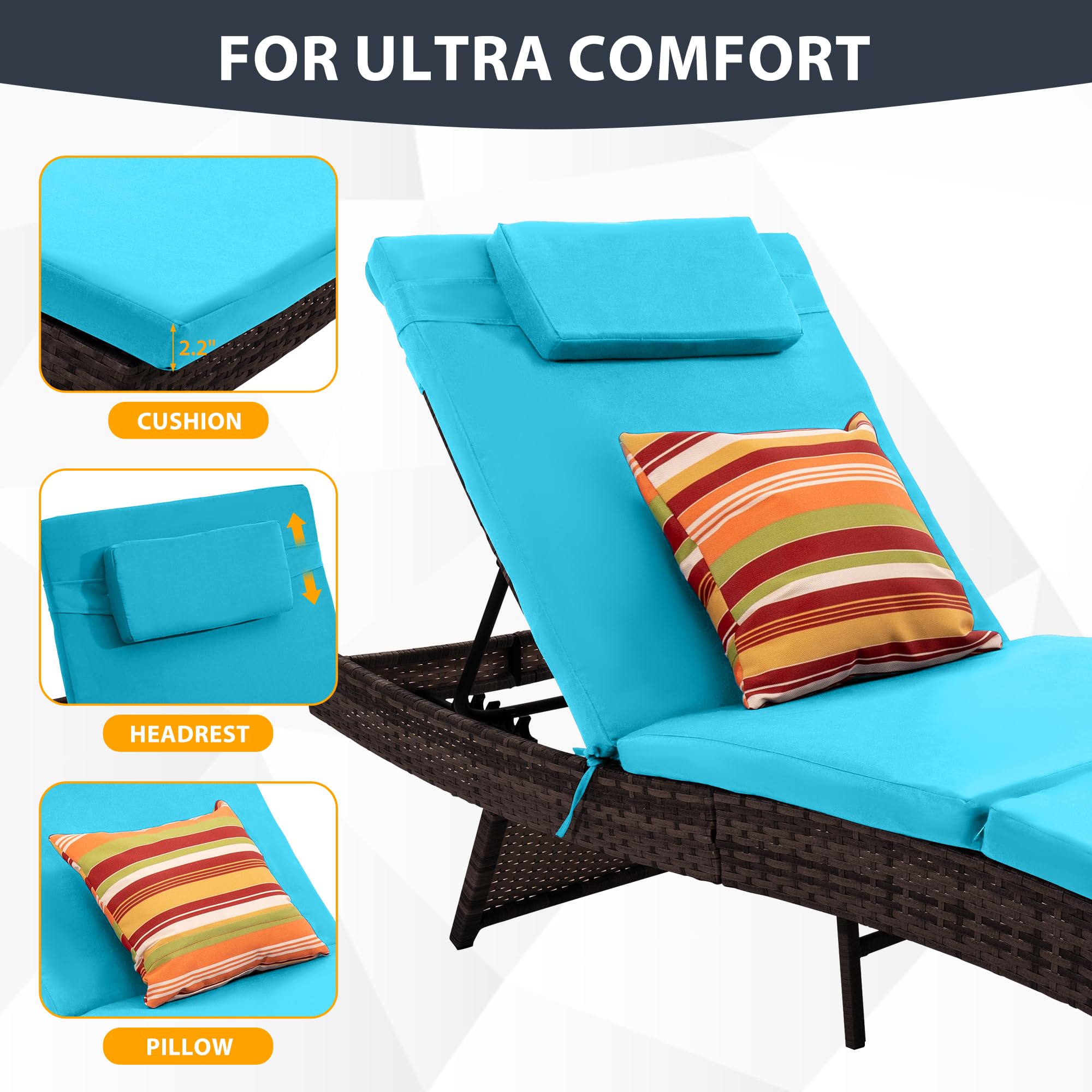 Sundale Outdoor Wicker Chaise Lounge Set of 2 - Adjustable Rattan Patio Lounge Chairs with Cushions & Pillows - Steel Frame, Turquoise - Perfect for Deck, Garden, Poolside & Indoor Use