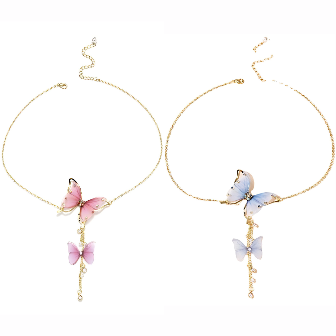 Elegant Pink Butterfly Tassel Lariat Y Necklace with Pearl Accents | Dainty Boho Jewelry for Women | Perfect for Parties, Weddings & Date Nights | HN3246