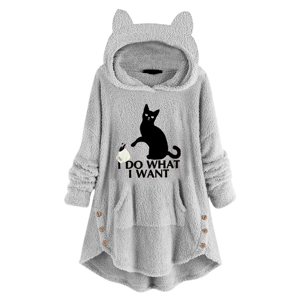 Women's Warm Fuzzy Fleece Hoodie with Cat Graphic - 'I Do What I Want' Long Sleeve Pullover Tunic Top in Gray for Casual Outings and Cozy Evenings