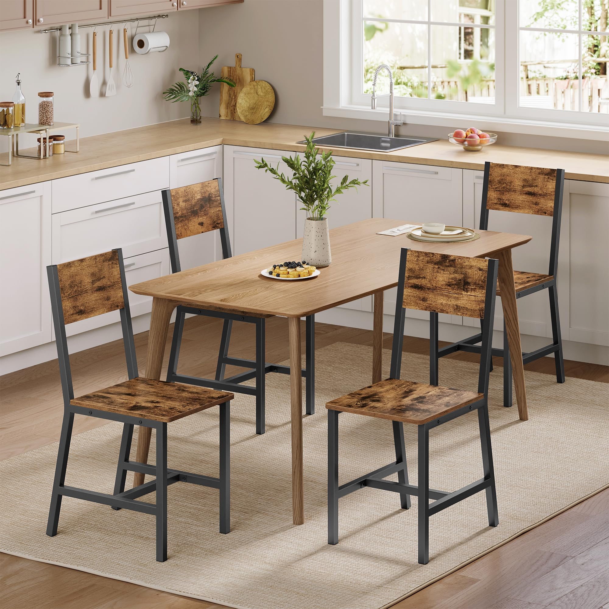 VASAGLE 4-Piece Rustic Wood Dining Chairs with Sturdy Metal Frame - Easy Assembly, Comfortable Seating for Kitchen, Bedroom & Living Room - Modern Farmhouse Style in Brown & Black | Perfect for Family Dinners, Home Office & Cozy Gatherings