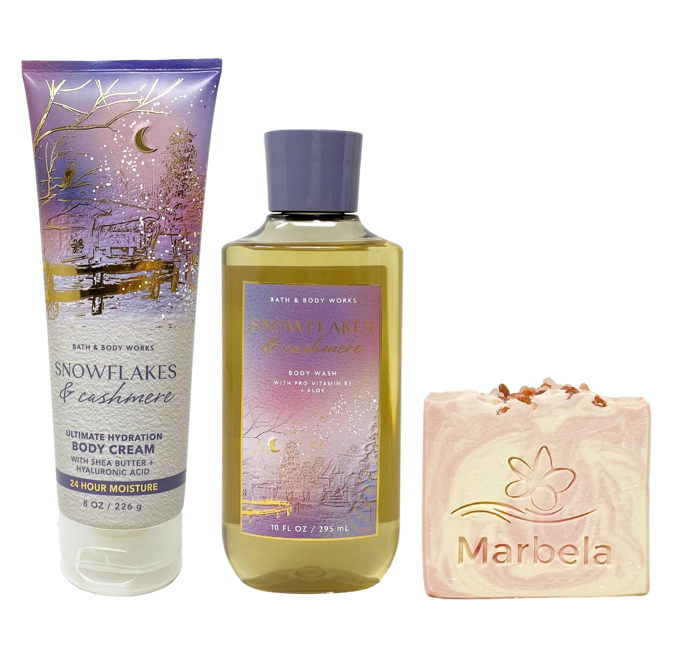 Bath & Body Works Snowflakes & Cashmere Body Cream & Body Wash Gift Set with Himalayan Salt Soap Bar - Moisturizing Winter Skincare Bundle for Dry Skin, Perfect for Holiday Gifting & Self-Care Routine