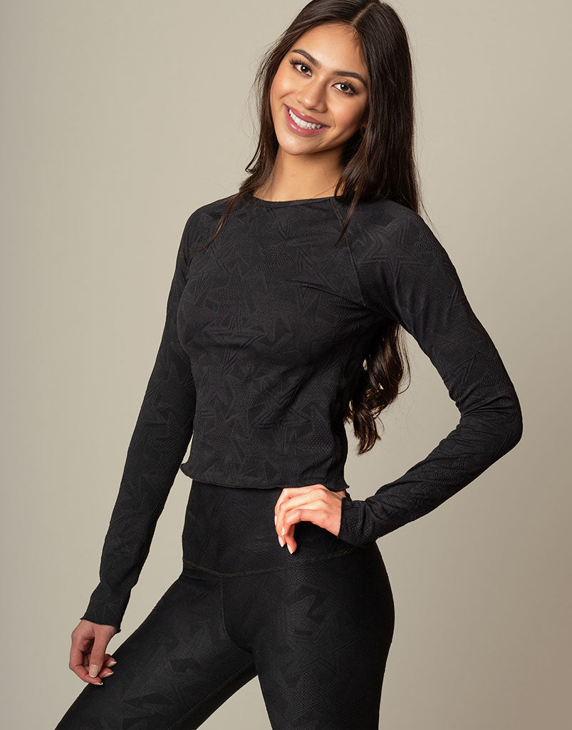 Superstar Jacquard Long Sleeve Top for Women - Elegant Knit Blouse with Floral Pattern - Perfect for Office, Date Night & Fall Layering
