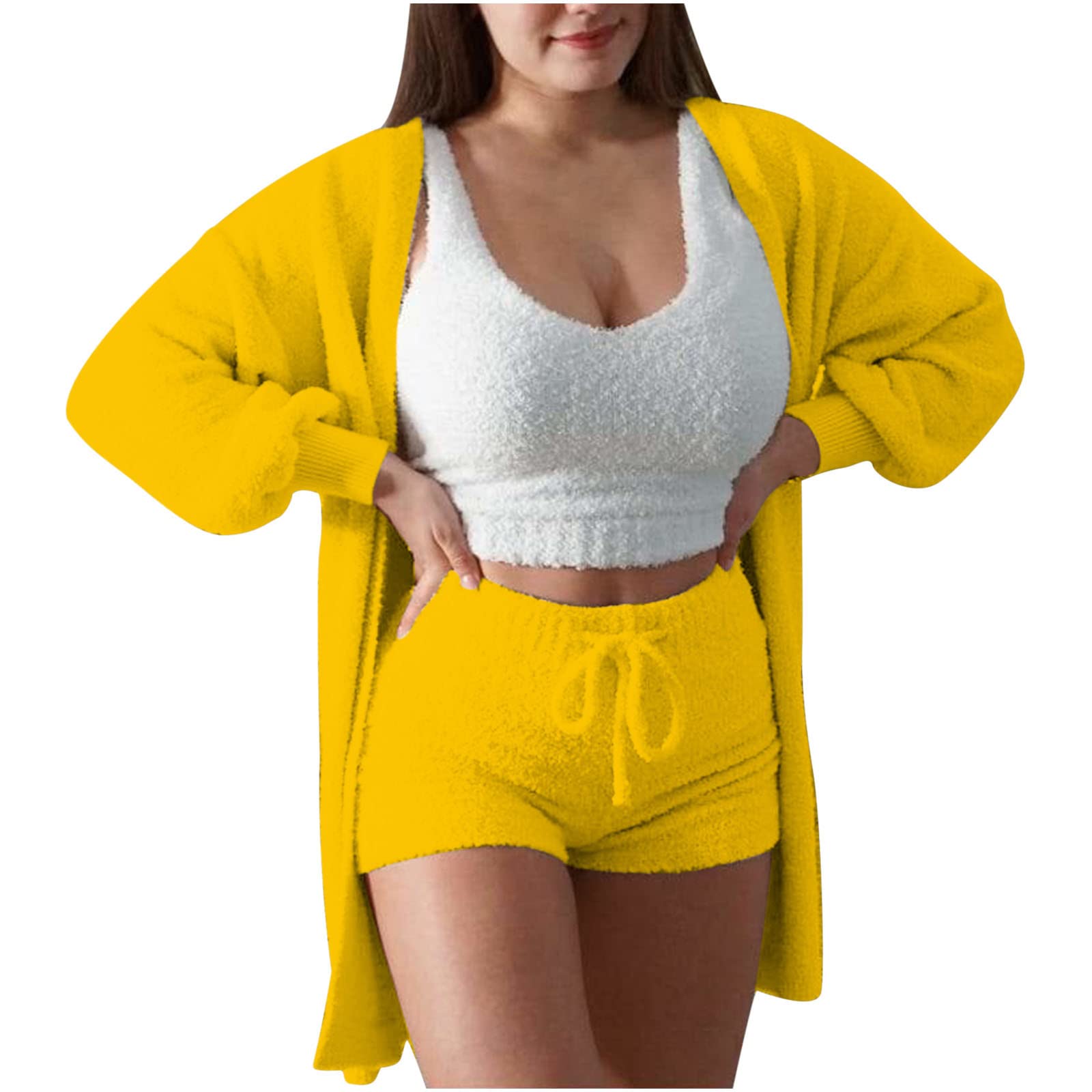 APIVOE Women's 3-Piece Fuzzy Lounge Set - Soft Tank Top, Comfy Shorts & Cozy Cardigan Sweatsuit - Casual Loungewear, Pajama Outfit for Home Relaxation & Sleepwear