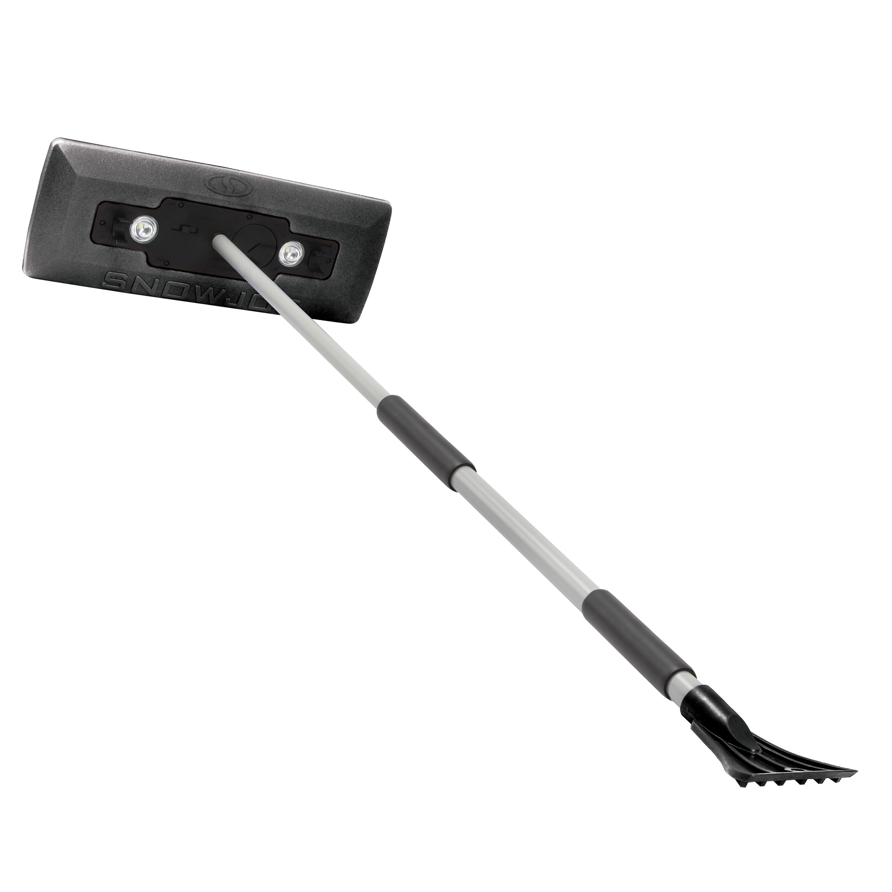 Snow Joe SJBLZD LED Black 4-in-1 Telescoping Snow Broom & Ice Scraper with 18-Inch Foam Head and Built-in Headlights - Perfect for Car Windshield, Driveway, and Winter Storm Cleanup