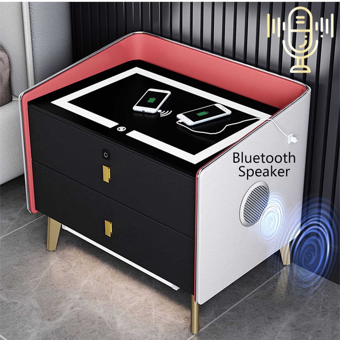 AVLUZ Smart LED Nightstand with Wireless Charging Station, Fingerprint Unlock Bedside Table with Bluetooth Speaker - White | Modern Bedroom Storage Cabinet for Phones, Books & Essentials