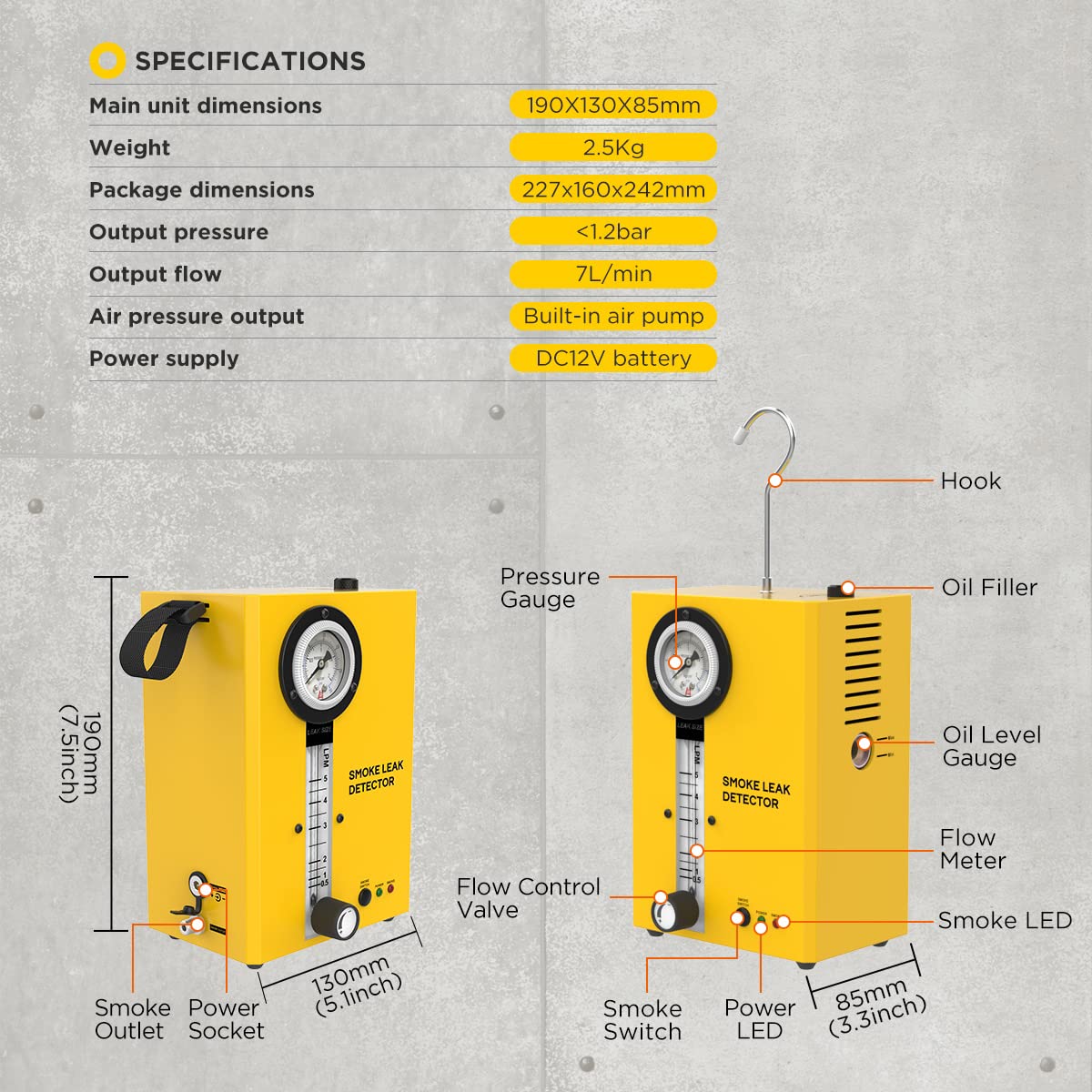 SDT203 EVAP Vacuum Diagnostic Leak Detector - Automotive Smoke Machine Tester for 12V Vehicles with Pressure Gauge & Adjustable Flow Meter | Portable Fuel Pipe Leakage Detection | Perfect for Auto Repair Shops & DIY Car Maintenance