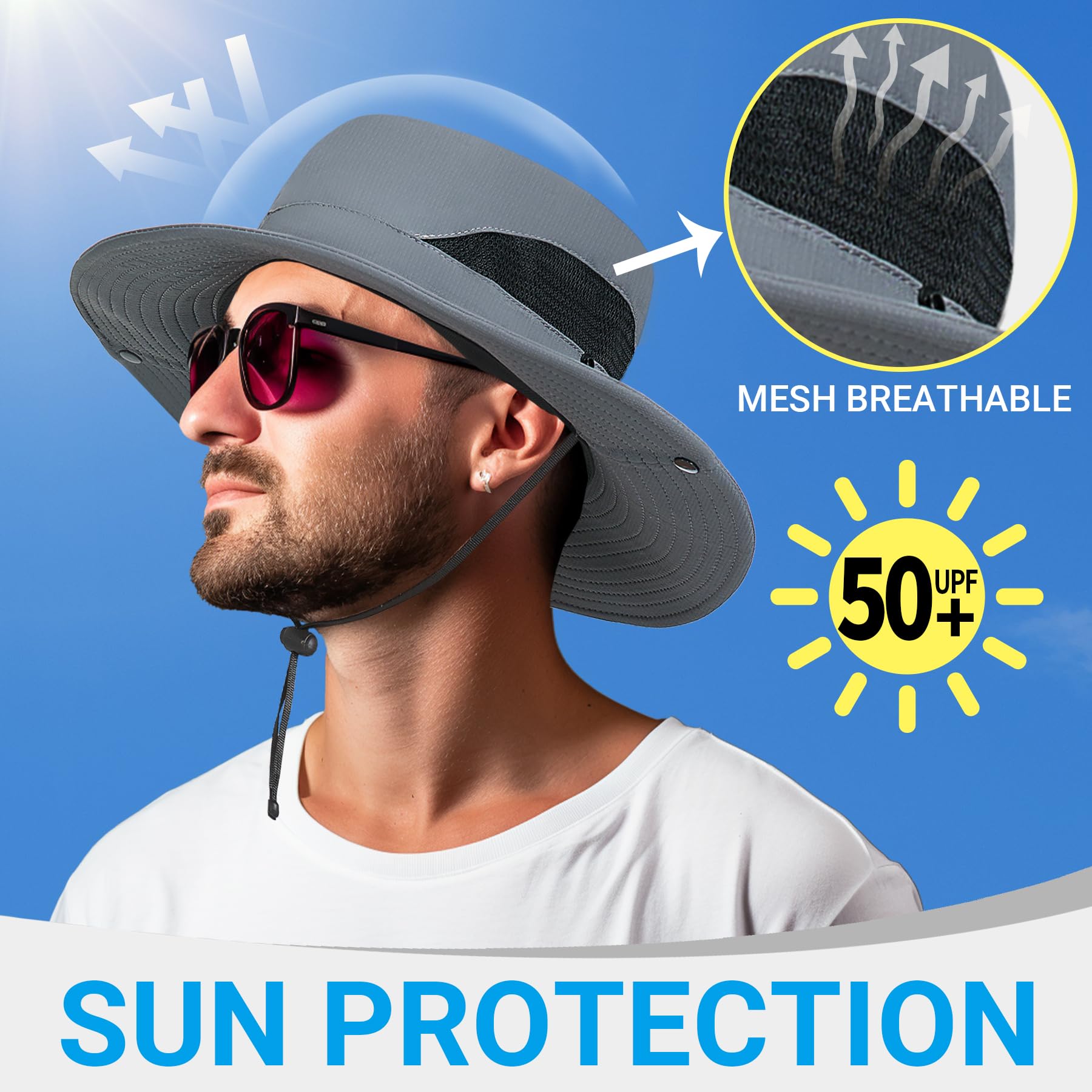 Men's Wide Brim Bucket Hat - UPF 50+ UV Protection Sun Hat for Fishing, Beach, Hiking & Safari - Lightweight Breathable Boonie Hat in Blue - Perfect for Outdoor Activities & Summer Adventures