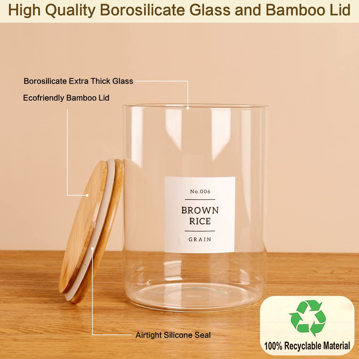 Large Glass Storage Jars with Airtight Bamboo Lid - 100 oz Thick Kitchen Glass Food Storage Canisters with 42 Pantry Labels - Clear Flour and Sugar Containers for Farmhouse Style Kitchen - Perfect for Pantry Organization, Baking Ingredients, Coffee, Tea, and Dry Food Storage