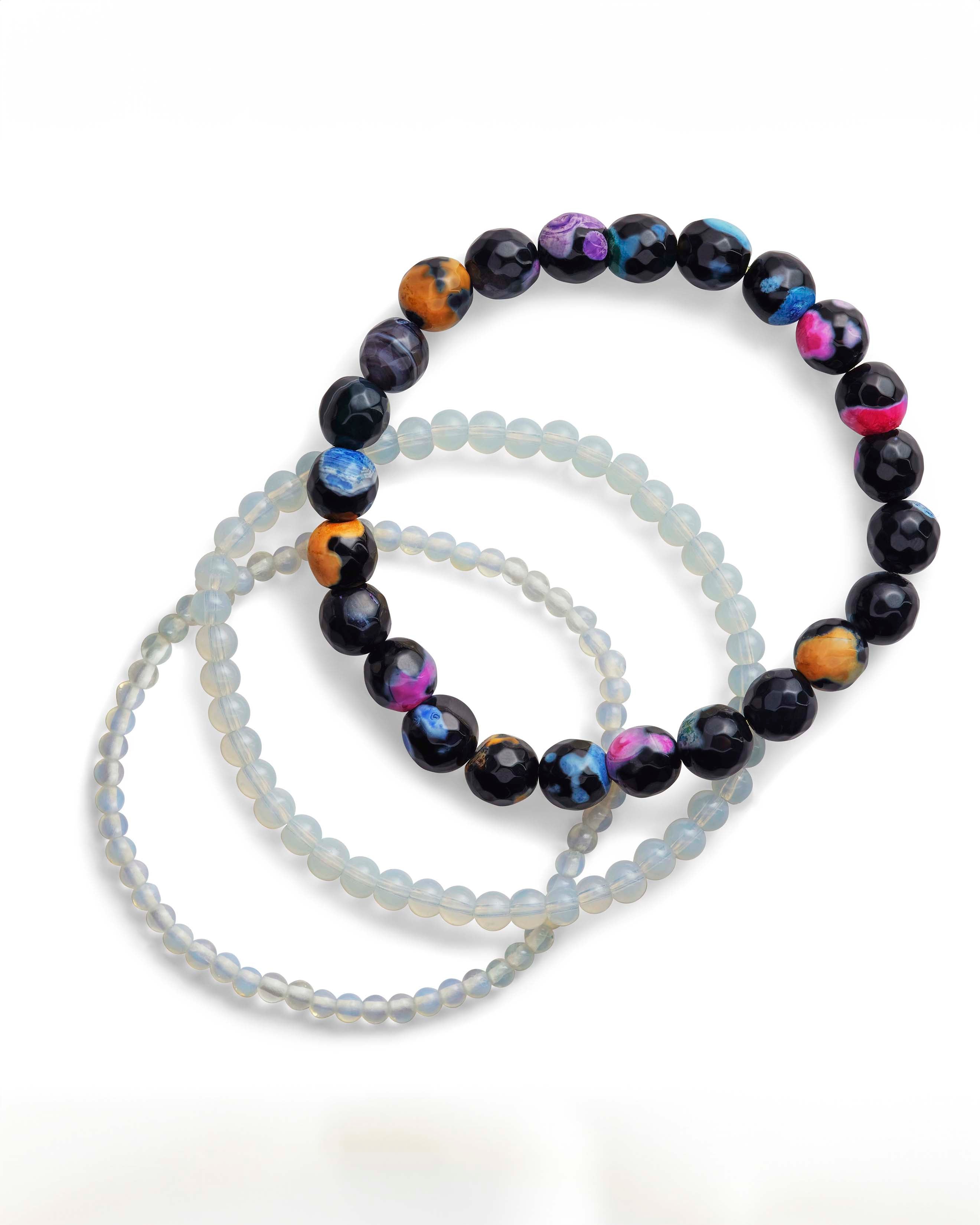 Opalite & Agate Stretch Bracelet Set of 3 - Natural Stone Beaded Yoga Meditation Jewelry for Women - Perfect for Spiritual Healing, Chakra Balancing, and Boho Fashion Accessories