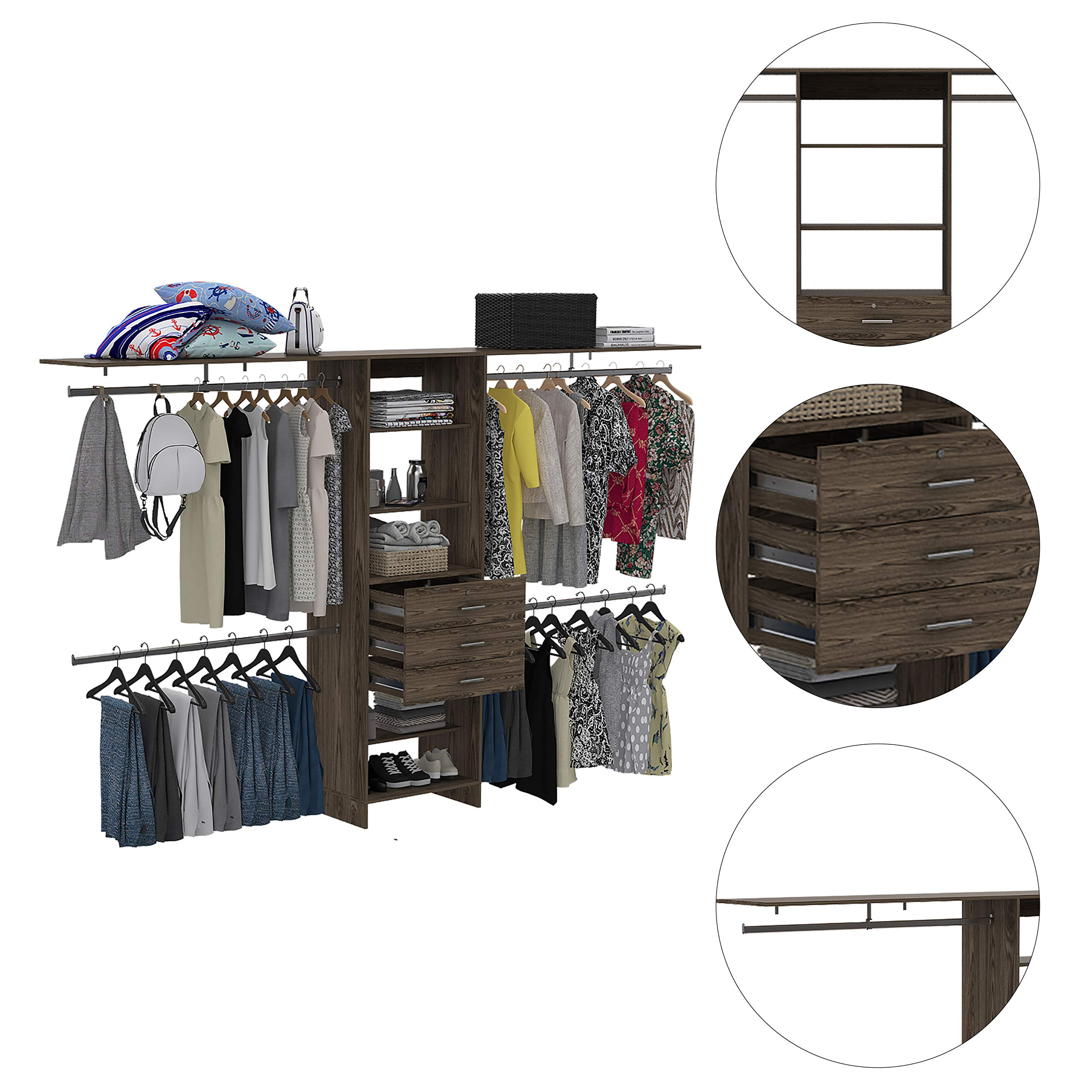 Zamora 69-118 Inch Walk-In Closet Organizer System with 4 Hanging Rods, 3 Drawers & 5 Shelves - Dark Walnut Finish for Bedroom Storage & Wardrobe Organization