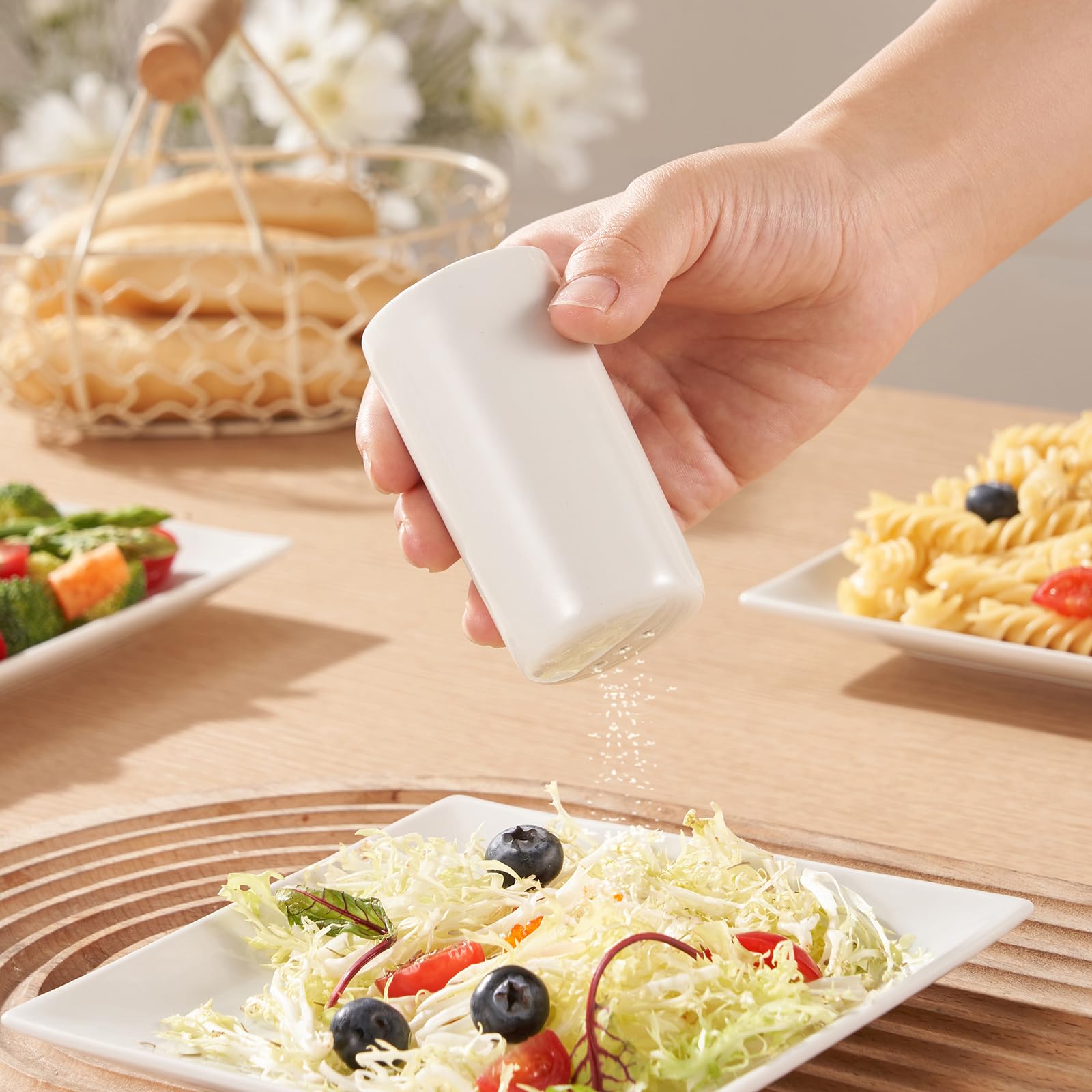 Premium Ceramic Salt and Pepper Shakers Set - 4 Piece Farmhouse Kitchen Essentials, Elegant White Tableware for Cooking, Dining & Home Decor | Ideal for Kitchen, Restaurant, Camping & BBQ Parties
