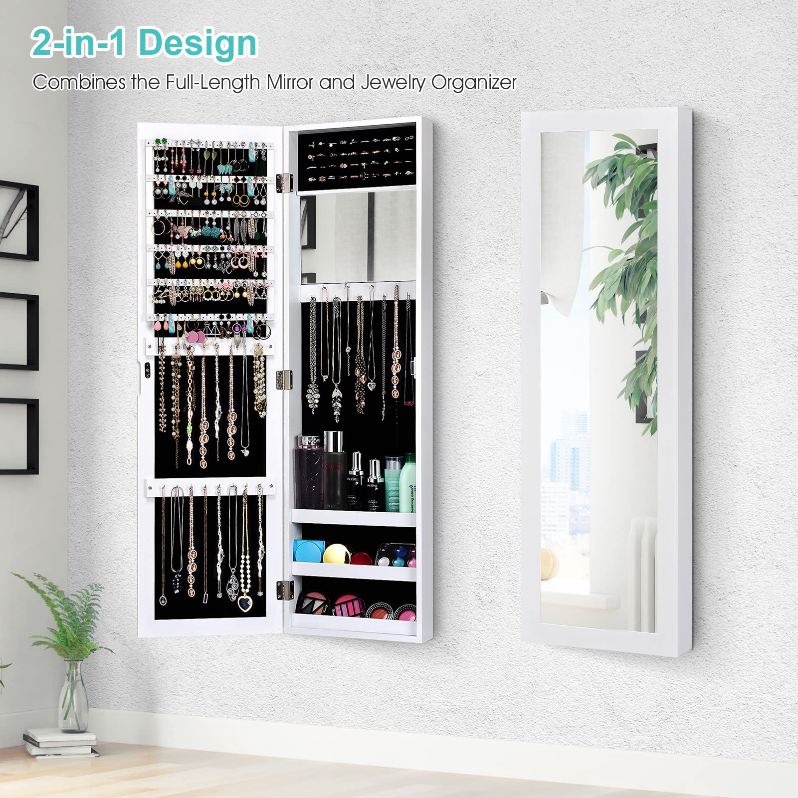 COSTWAY Full Length Mirror Jewelry Cabinet with Makeup Mirror - Wall Mounted Jewelry Organizer with Ring Slots & Necklace Hooks - Large Storage Jewelry Armoire for Bedroom & Dressing Room (White) - Perfect for Vanity, Closet Organization & Home Decor