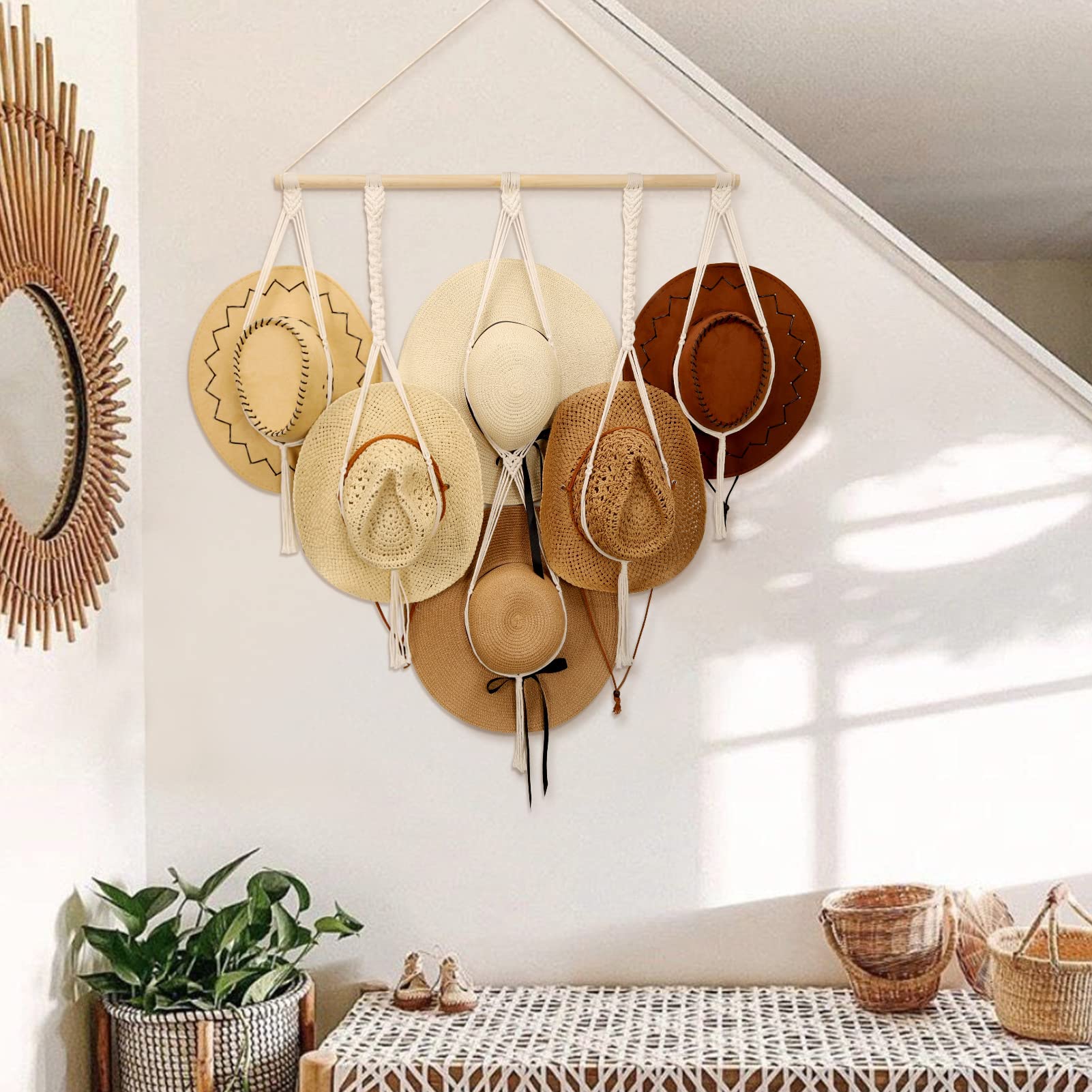 Boho Macrame Hat Hangers for Wall - Decorative Hat Rack Organizer for Wide Brim Hats, Sun Hats & Cowboy Hats - Perfect for Bedroom, Closet & Entryway Storage