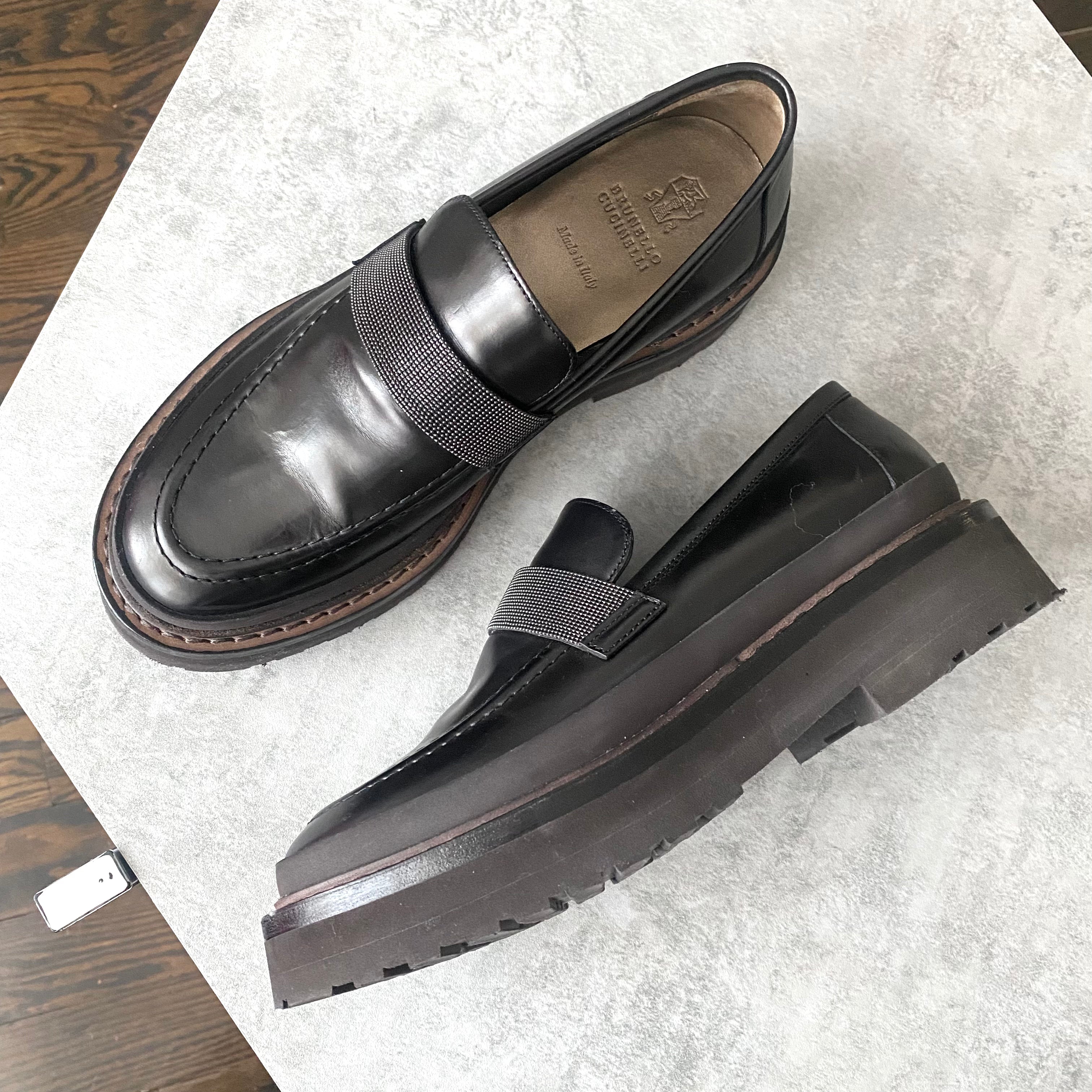 Brunello Black Leather Monili Chunky Loafer Shoes for Women - Size 36.5 / 37 EU - Comfortable Slip-On Loafers for Office, Casual Wear & Travel