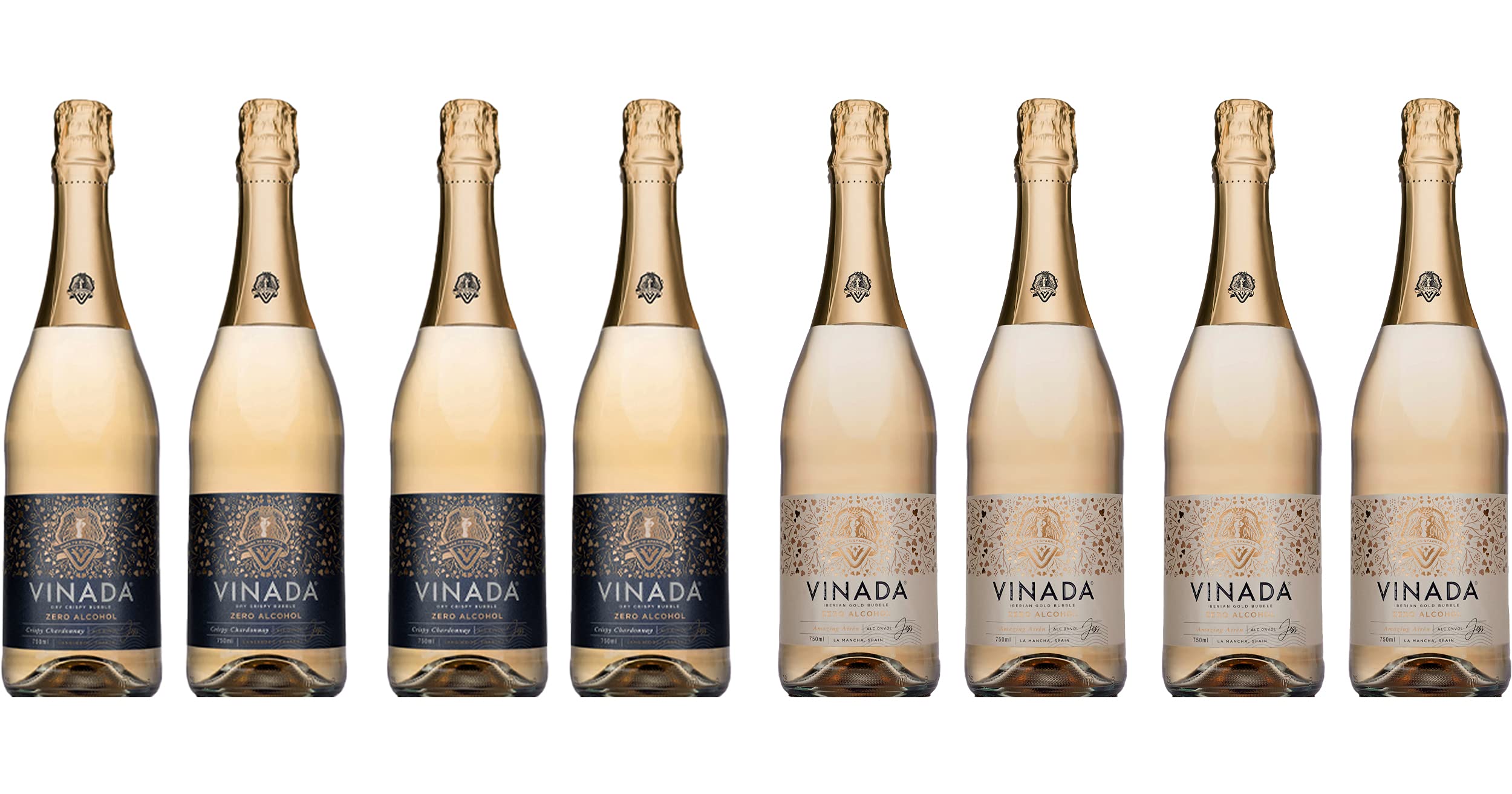 VINADA Sparkling Gold & Crispy Chardonnay Alcohol-Free Wine Variety Pack - 8 x 750ml Bottles - Perfect for Parties, Celebrations & Sober Living