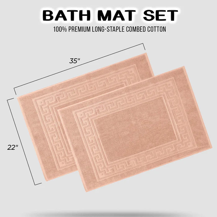 Premium Cotton 2-Piece Greek Key Border Bath Mat Set - Ultra Absorbent, Non-Slip Bathroom Rug - Perfect for Modern Bathrooms, Master Suites & Spa-Like Retreats