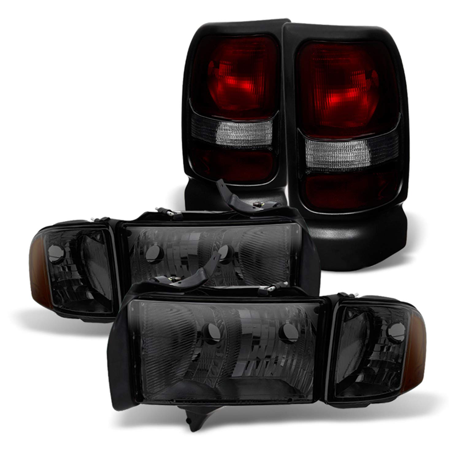 AKKON Smoked Headlights & Dark Red Tail Lights Combo Pair for 1999-2001 Dodge Ram 1500 Sport Models - Direct Replacement LH+RH - Upgrade Your Truck's Style for Night Driving & Custom Look