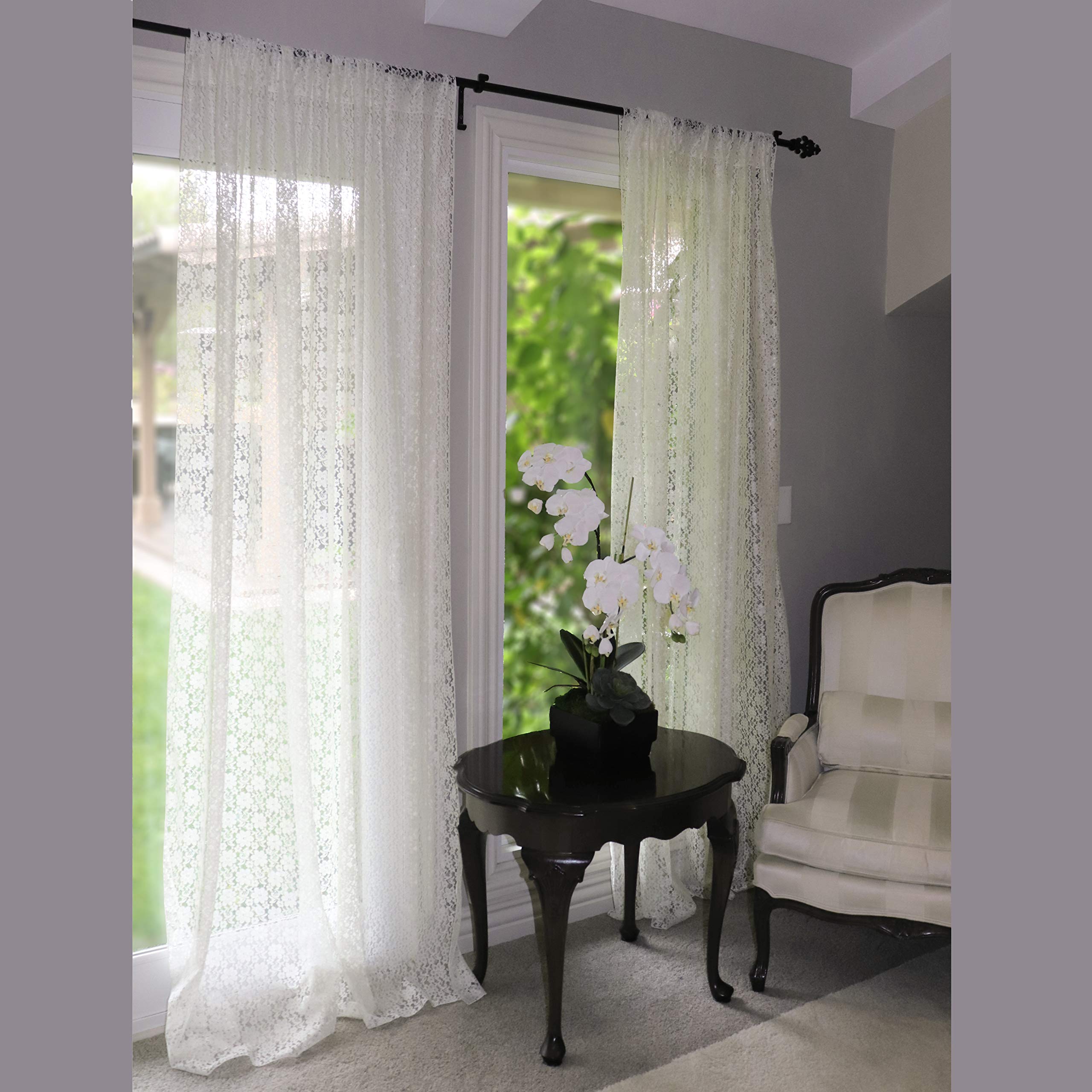 Floral Lace Window Curtain Panel - Ivory Sheer Lace for Bedroom & Kitchen Decor