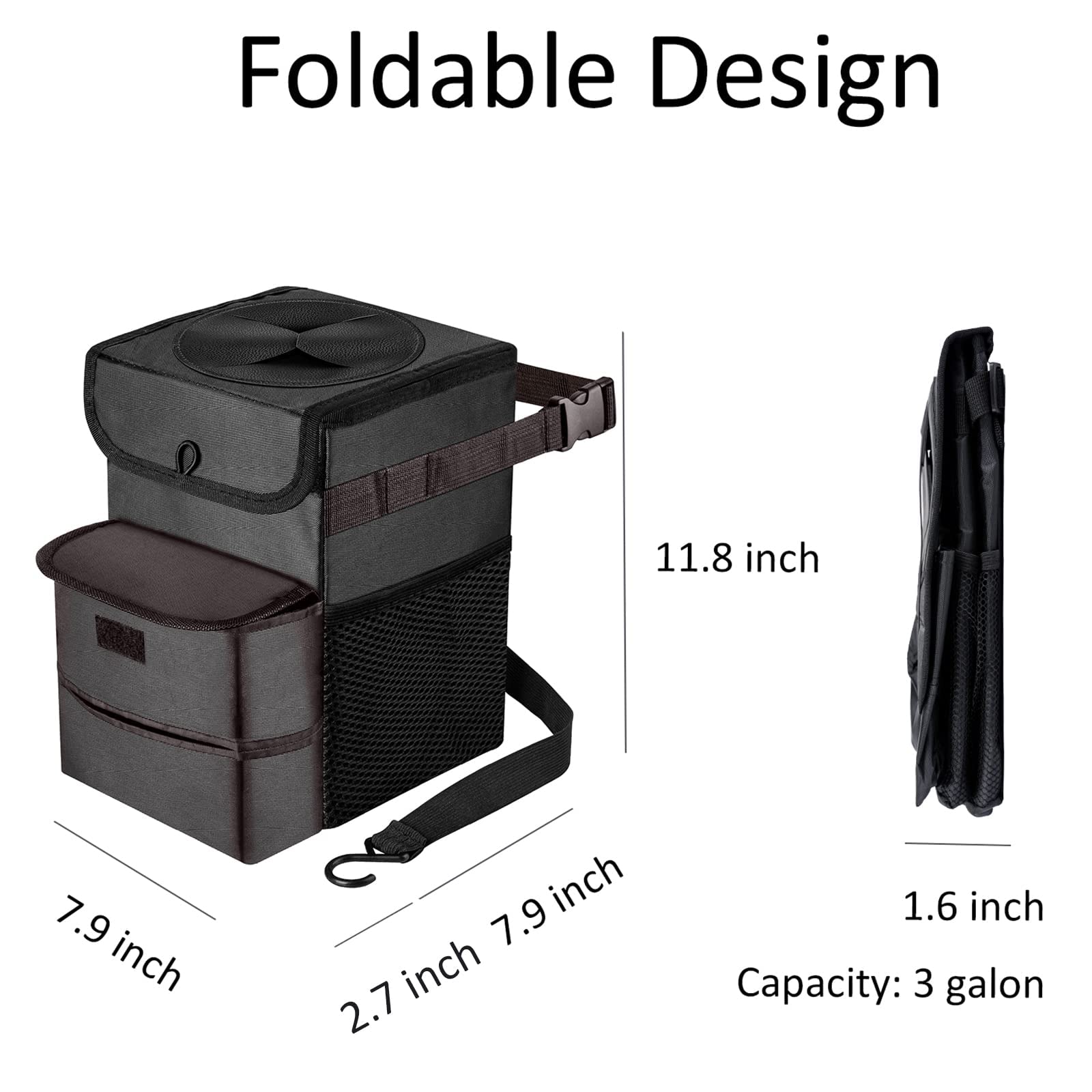 Foldable Leakproof 3 Gallon Car Trash Can - Portable Auto Garbage Bin for Road Trips, Commuting & Travel (Black)