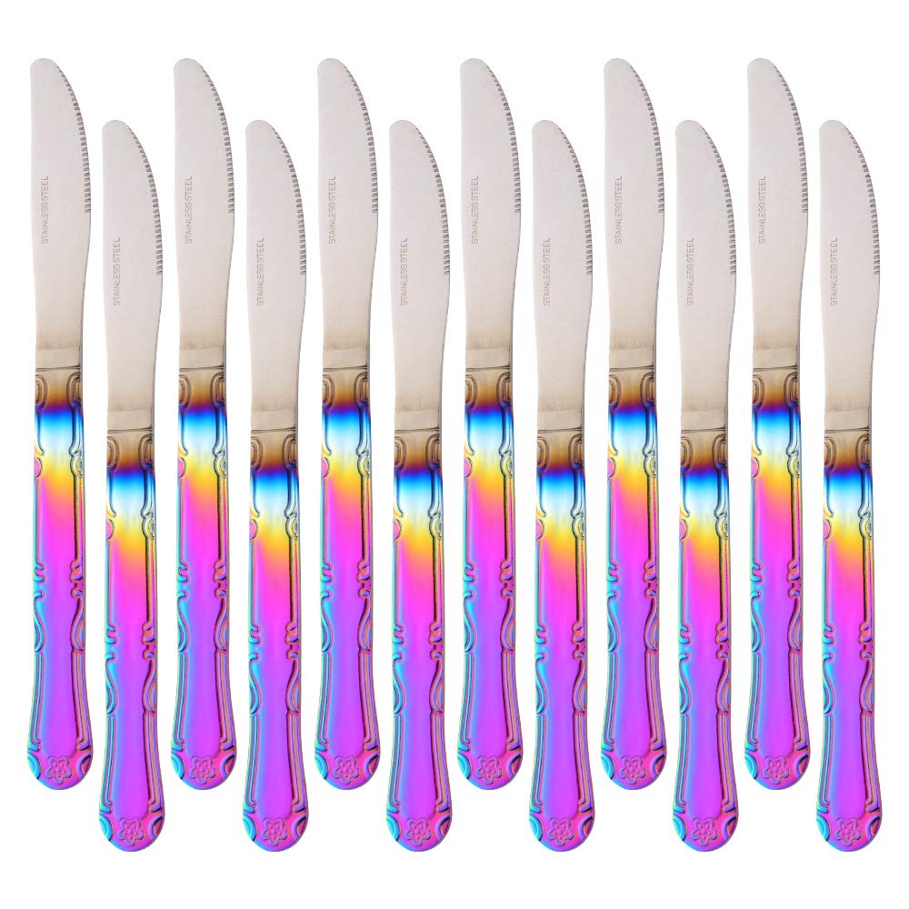 12-Piece Stainless Steel Dinner Knives Set - Flower Edge Table Knives with Gradient Rainbow Finish (8.6 Inches) - Classic Flatware for Home, Kitchen, or Restaurant Use - Perfect for Fine Dining, Dinner Parties & Everyday Meals