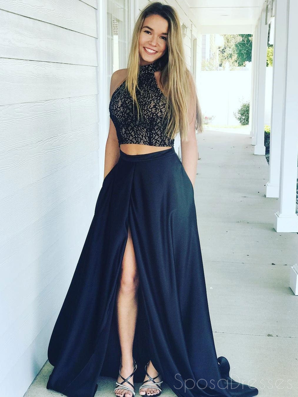 2018 Navy Blue Two-Piece Halter A-Line Long Prom Dress with Side Slit - Custom Evening Gown for Women | Perfect for Prom, Homecoming, Formal Events & Special Occasions