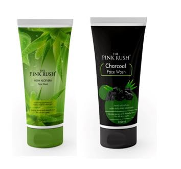 Pink Rush Neem Aloe Vera & Charcoal Face Wash Combo - 100ml Each for Men & Women | Deep Cleansing, Acne Treatment & Skin Brightening | Perfect for Daily Skincare & Travel