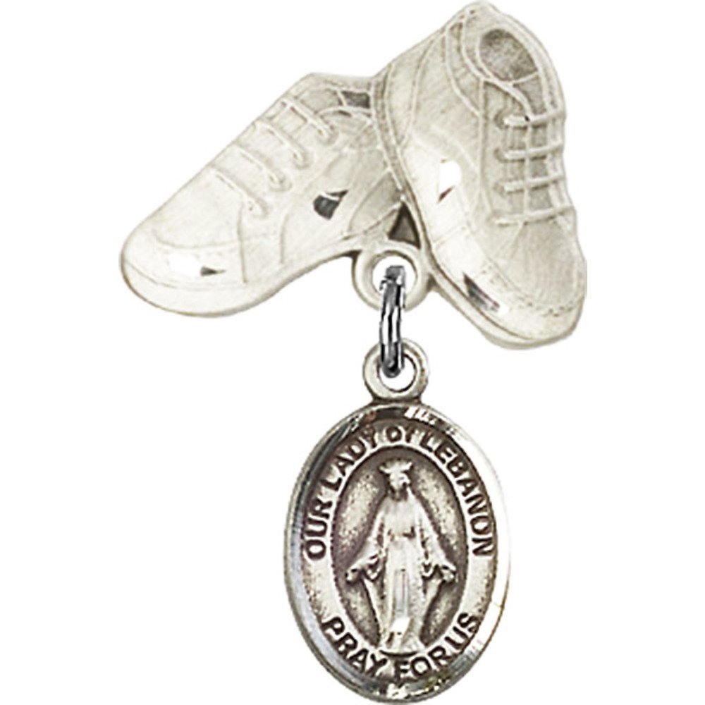 1 X 5/8 Inch Sterling Silver Baby Badge with Our Lady of Lebanon Charm & Baby Boots Pin - Perfect for Christening Gifts, Baptism Keepsakes & Newborn Blessings