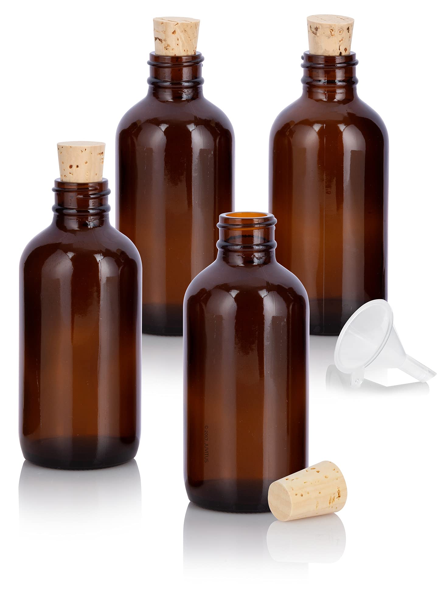 JUVITUS 4 oz (120 ml) Amber Glass Boston Round Bottles with Cork Stoppers & Funnel - 4 Pack Set for Essential Oils, DIY Beauty, and Home Brewing Storage