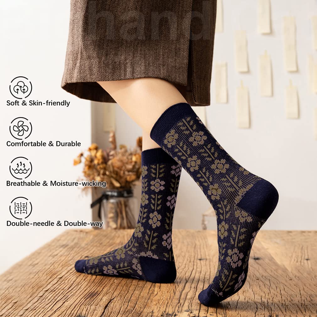 Vintage Wool Socks for Women - 5 Pairs Cozy Crew Socks with Unique Print, Perfect for Christmas Gifts & Winter Wear